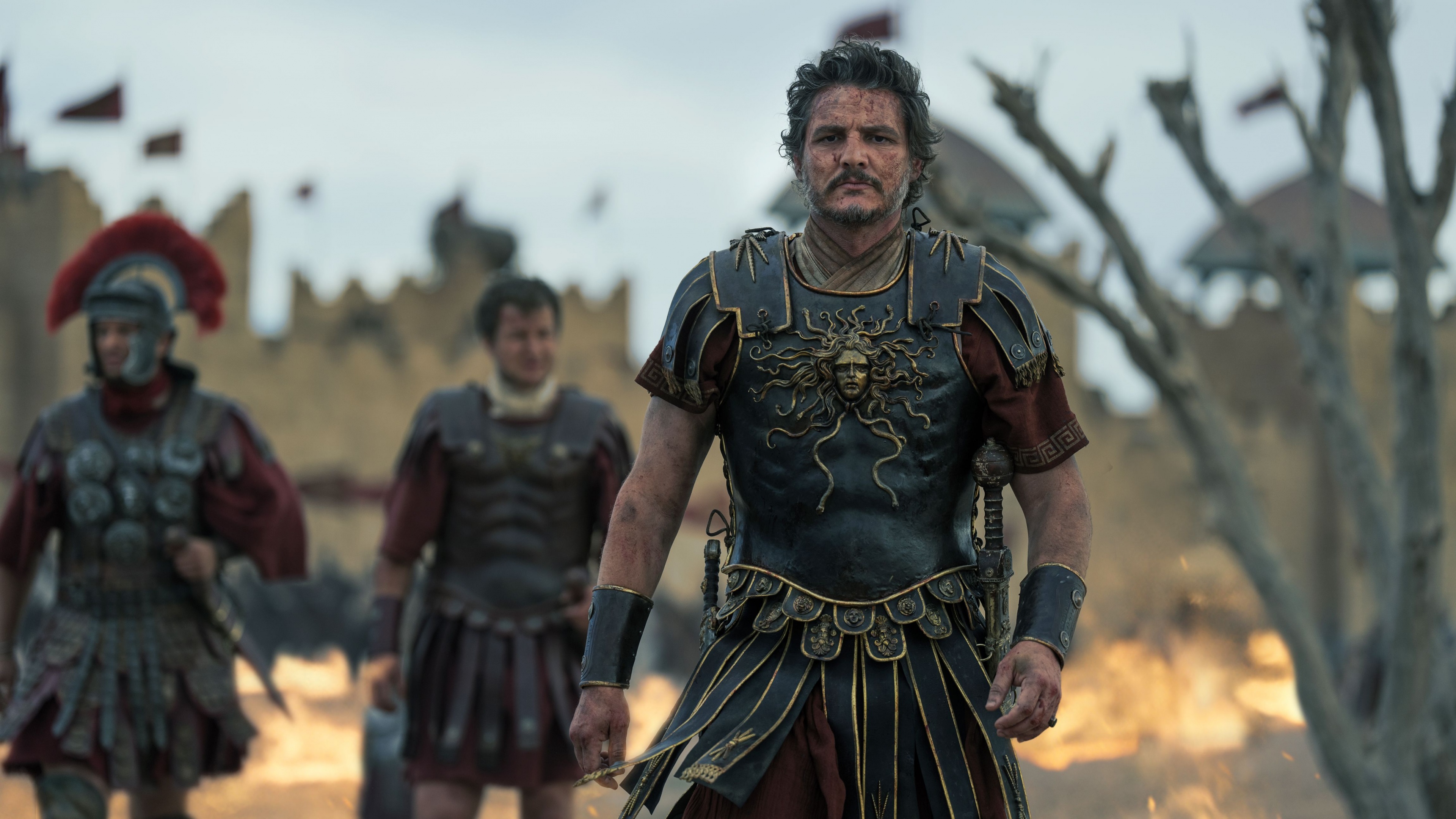 Pedro Pascal as Marcus Acacius in a scene from the movie Gladiator II