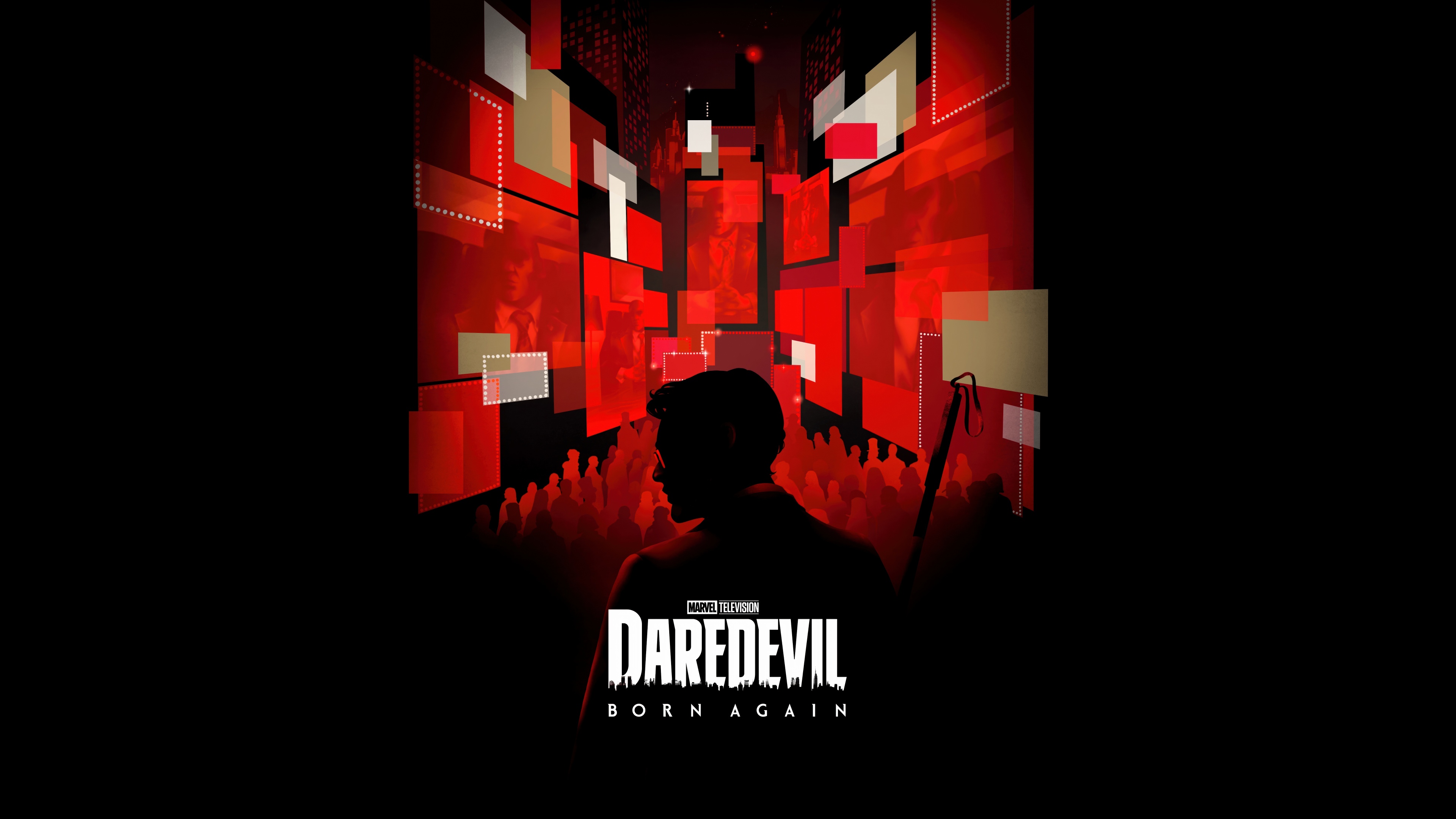 A high-detail, dark red aesthetic portrait of Matt Murdock from Daredevil: Born Again against a black background.
