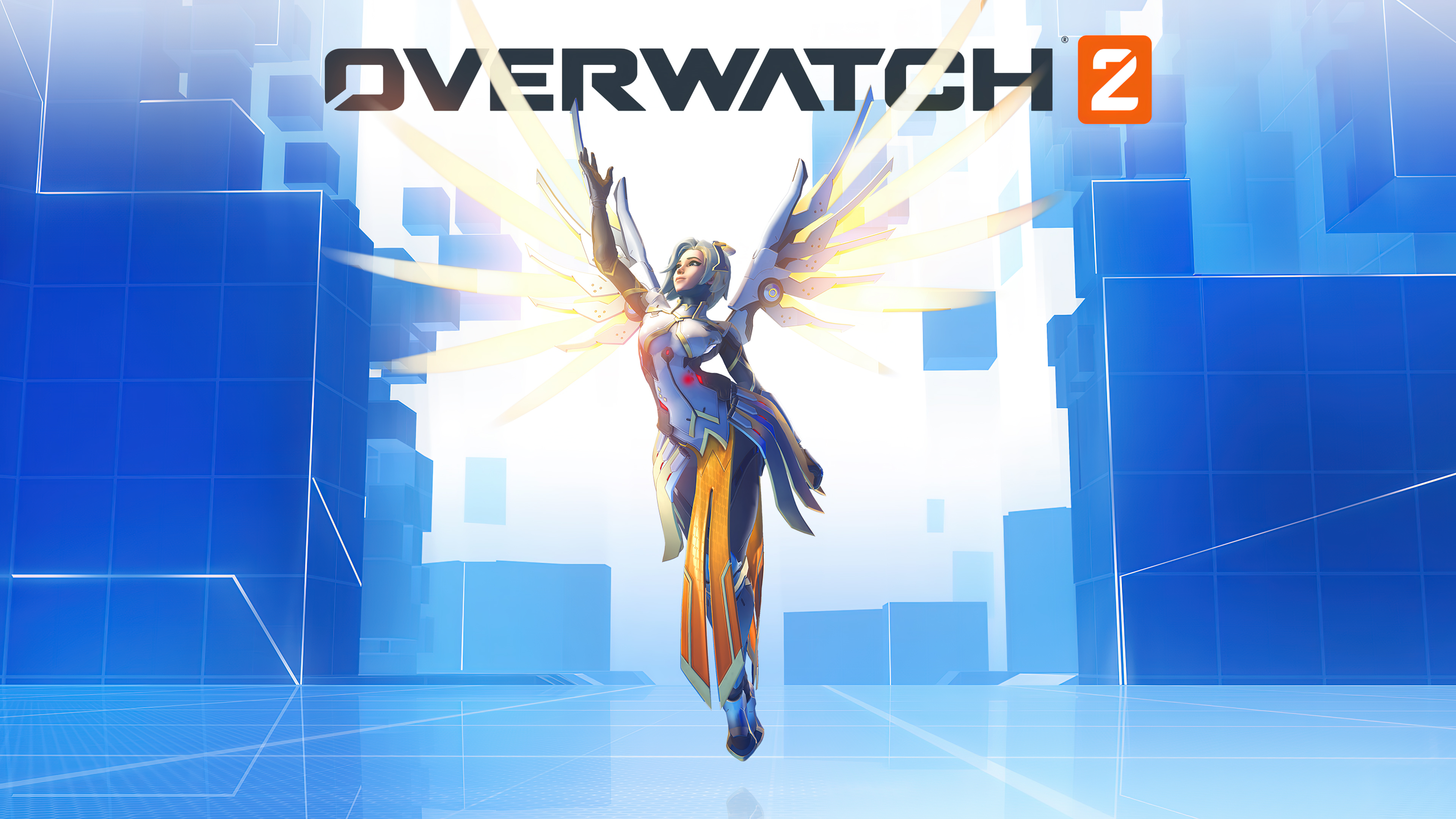 Mercy from Overwatch 2 featuring her glowing Valkyrie wings and advanced combat suit.