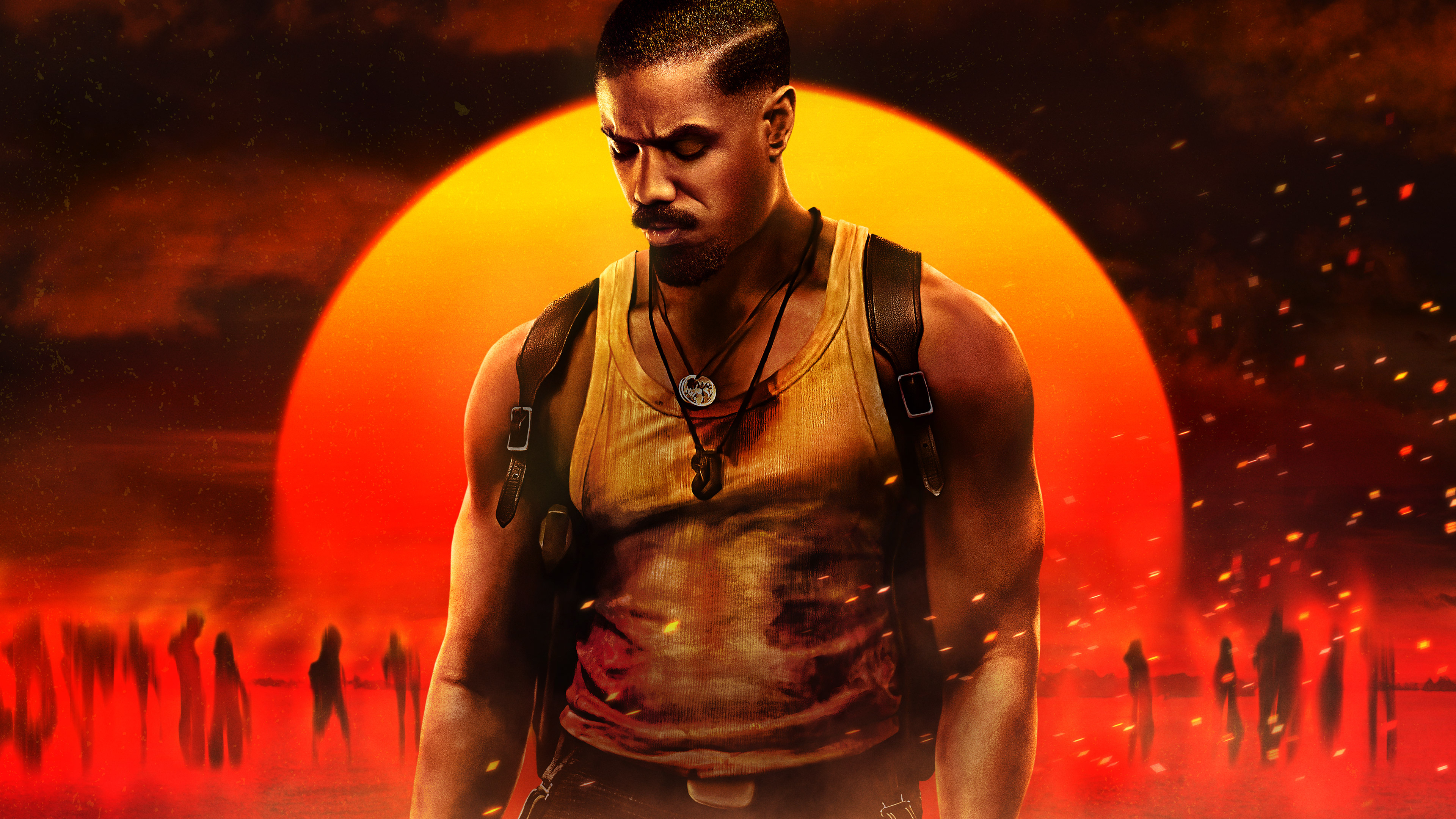 A dramatic, high-resolution cinematic portrait of Michael B. Jordan from the movie Sinners (2025).