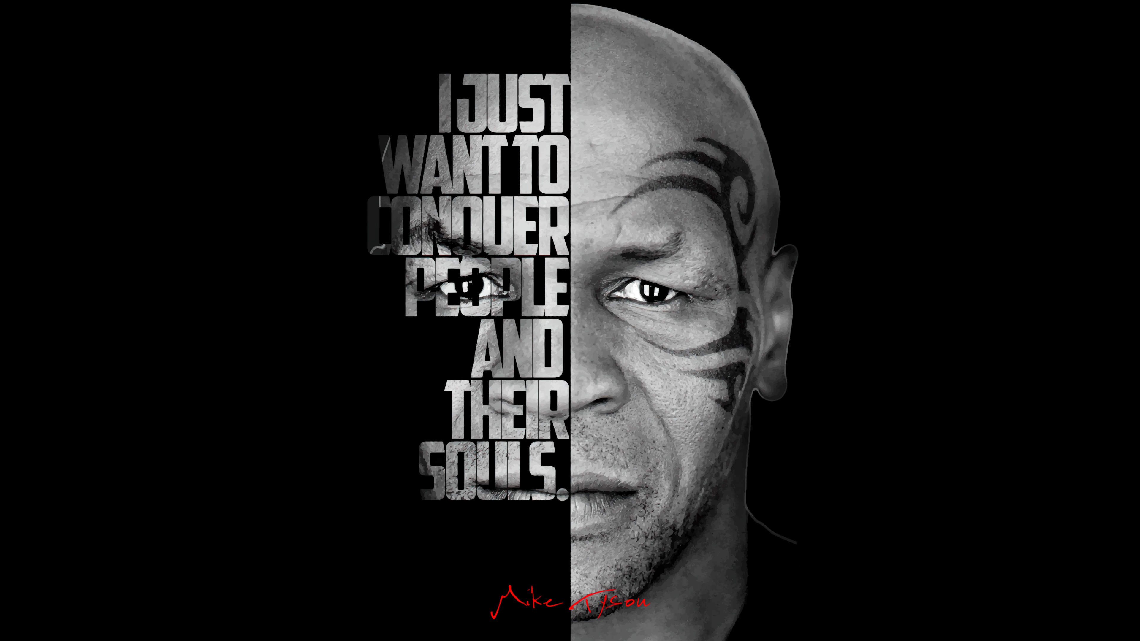 A high-contrast, monochrome close-up portrait of Mike Tyson against a black background.