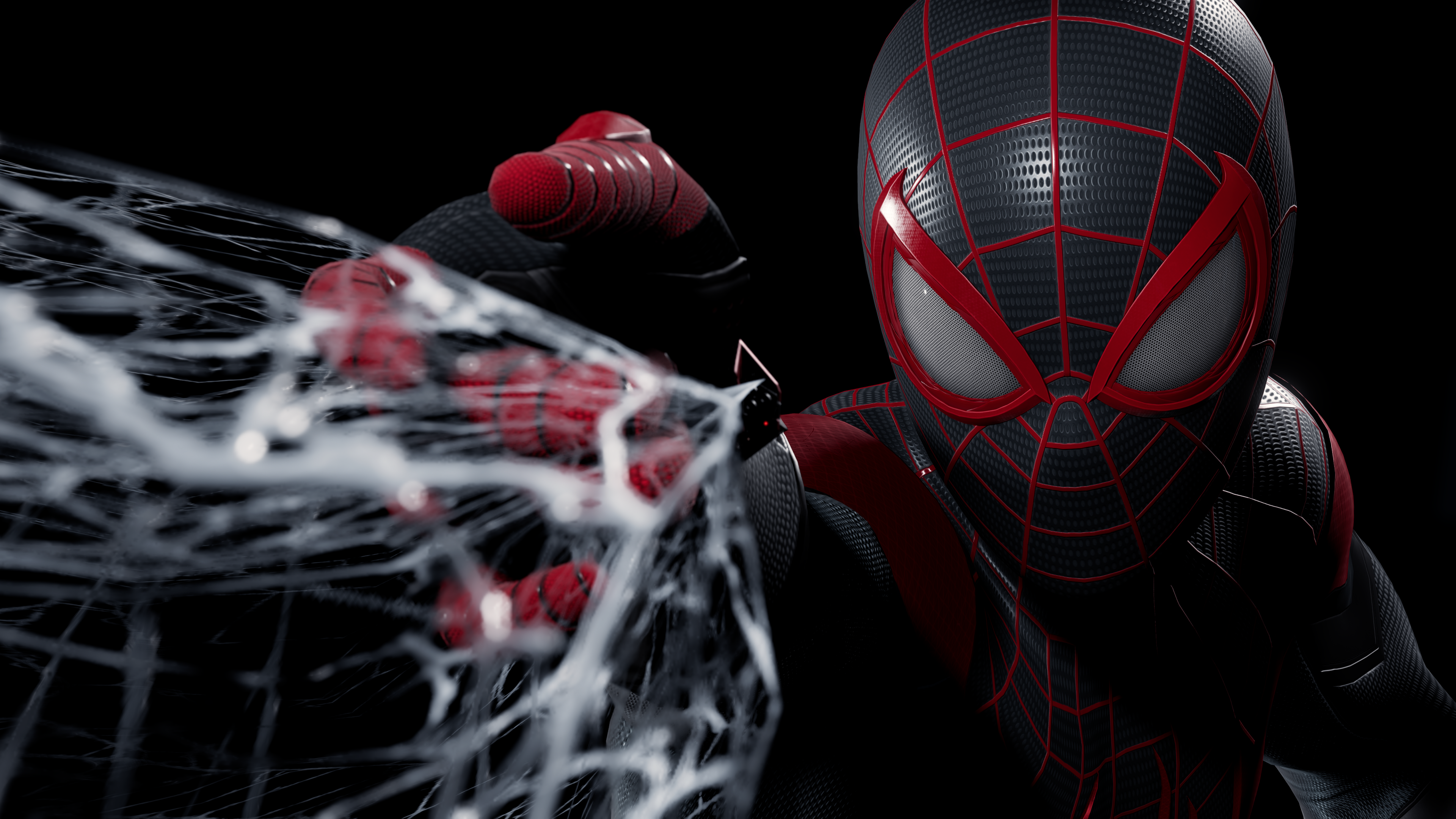 Miles Morales wearing his signature black and red Spider-Man suit from Marvel's Spider-Man: Miles Morales.