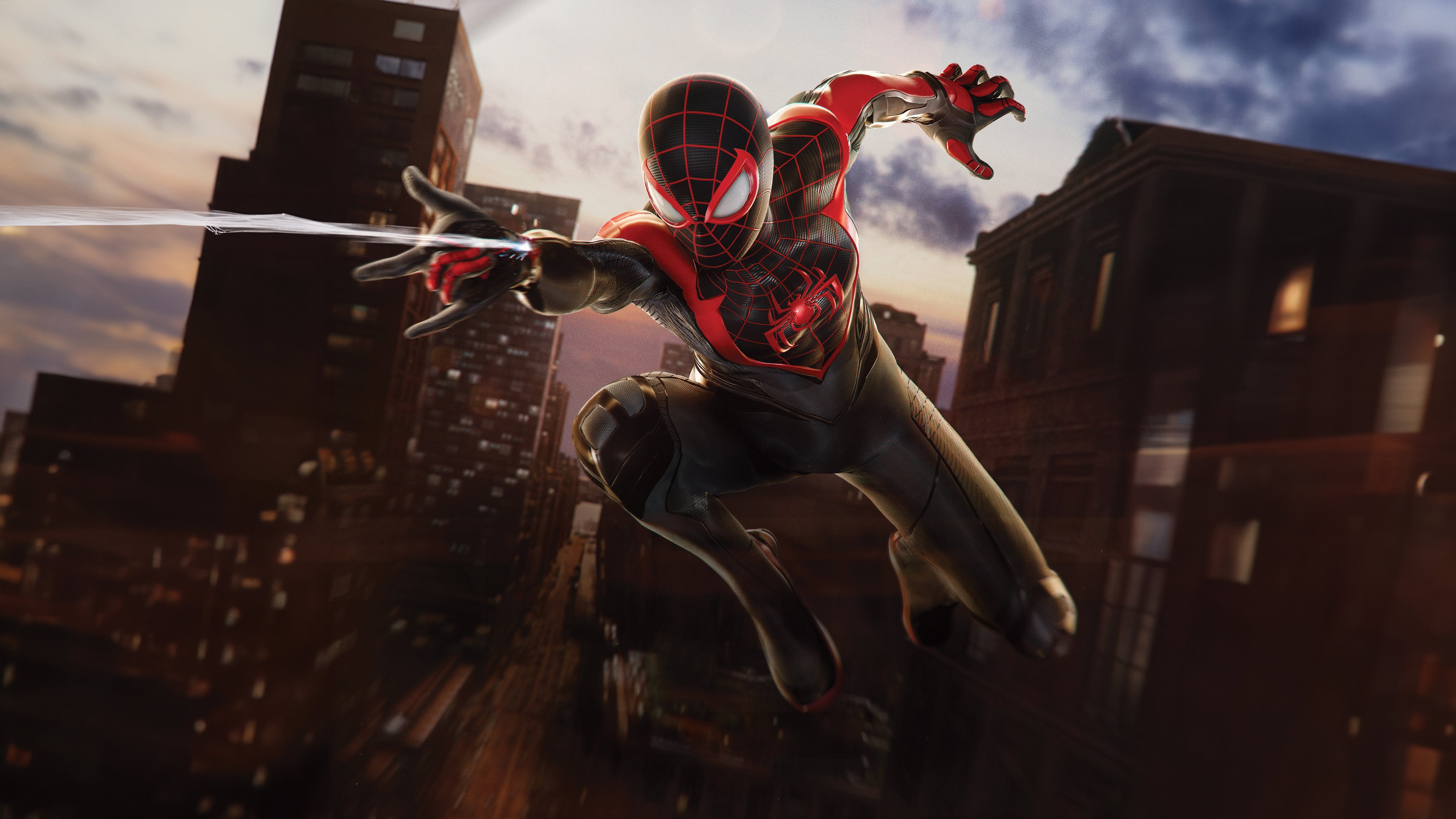Miles Morales as Spider-Man in his signature black and red suit from Marvel's Spider-Man 2.