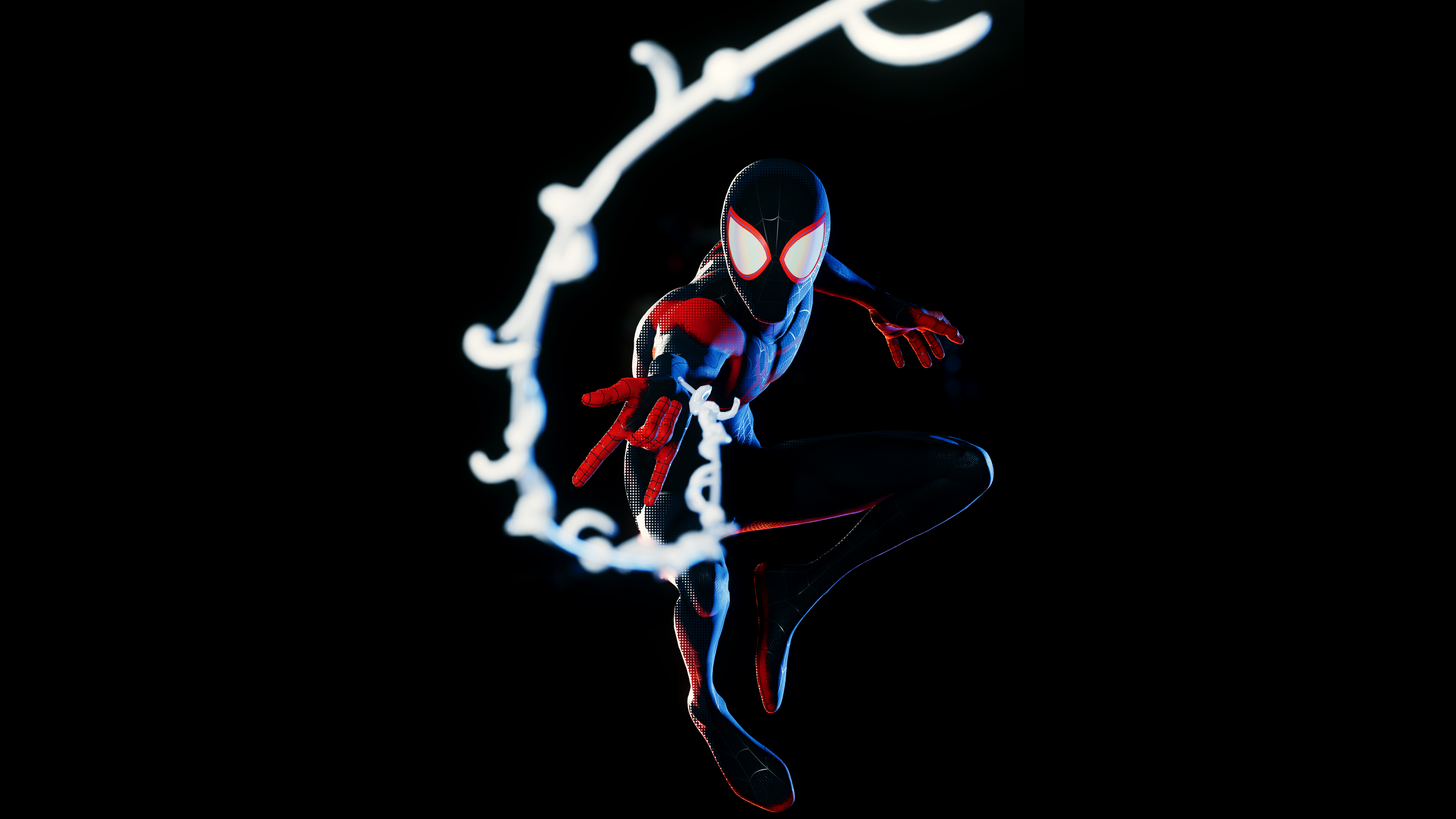 Miles Morales Spider-Man in a cinematic pose against a black background, featuring the character from Marvel's Spider-Man: Miles Morales.