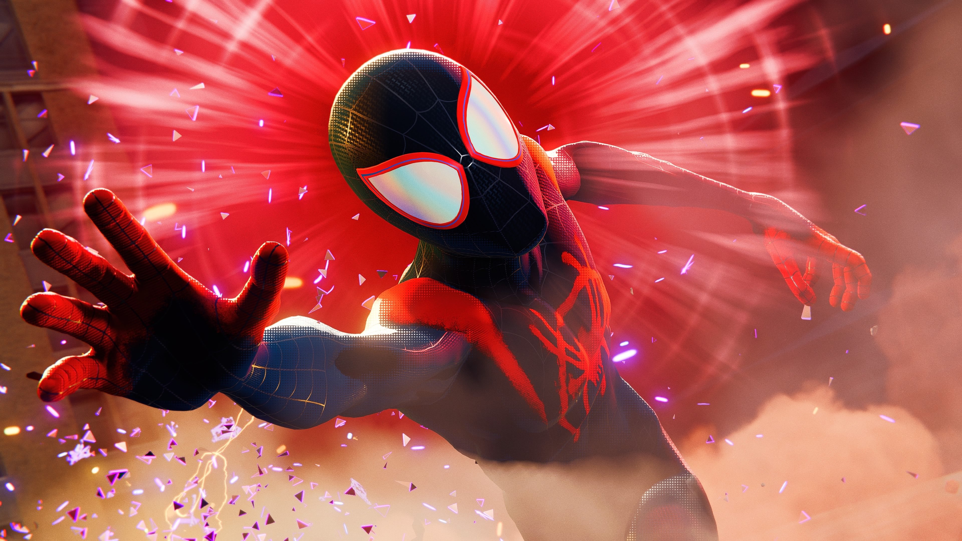 Miles Morales as Spider-Man in a heroic pose from the video game Marvel's Spider-Man: Miles Morales.