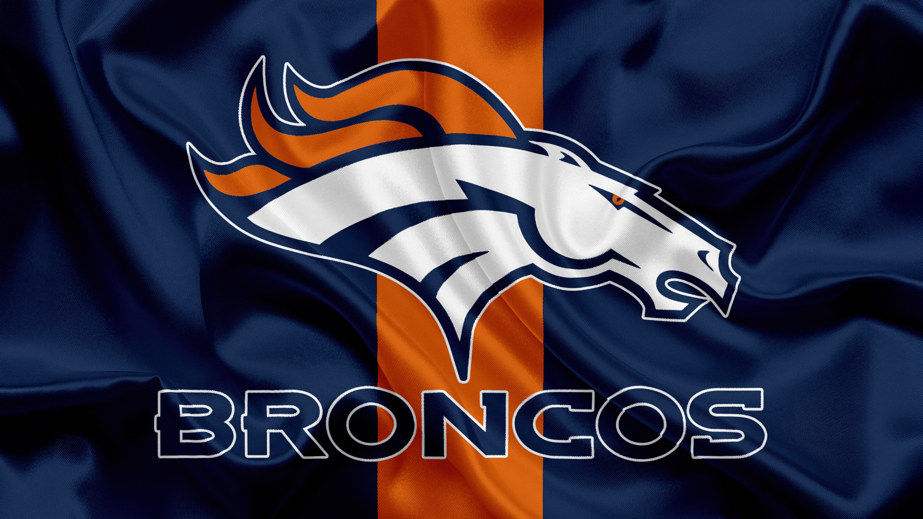 The Denver Broncos mascot, Miles, posing with the official team flag.