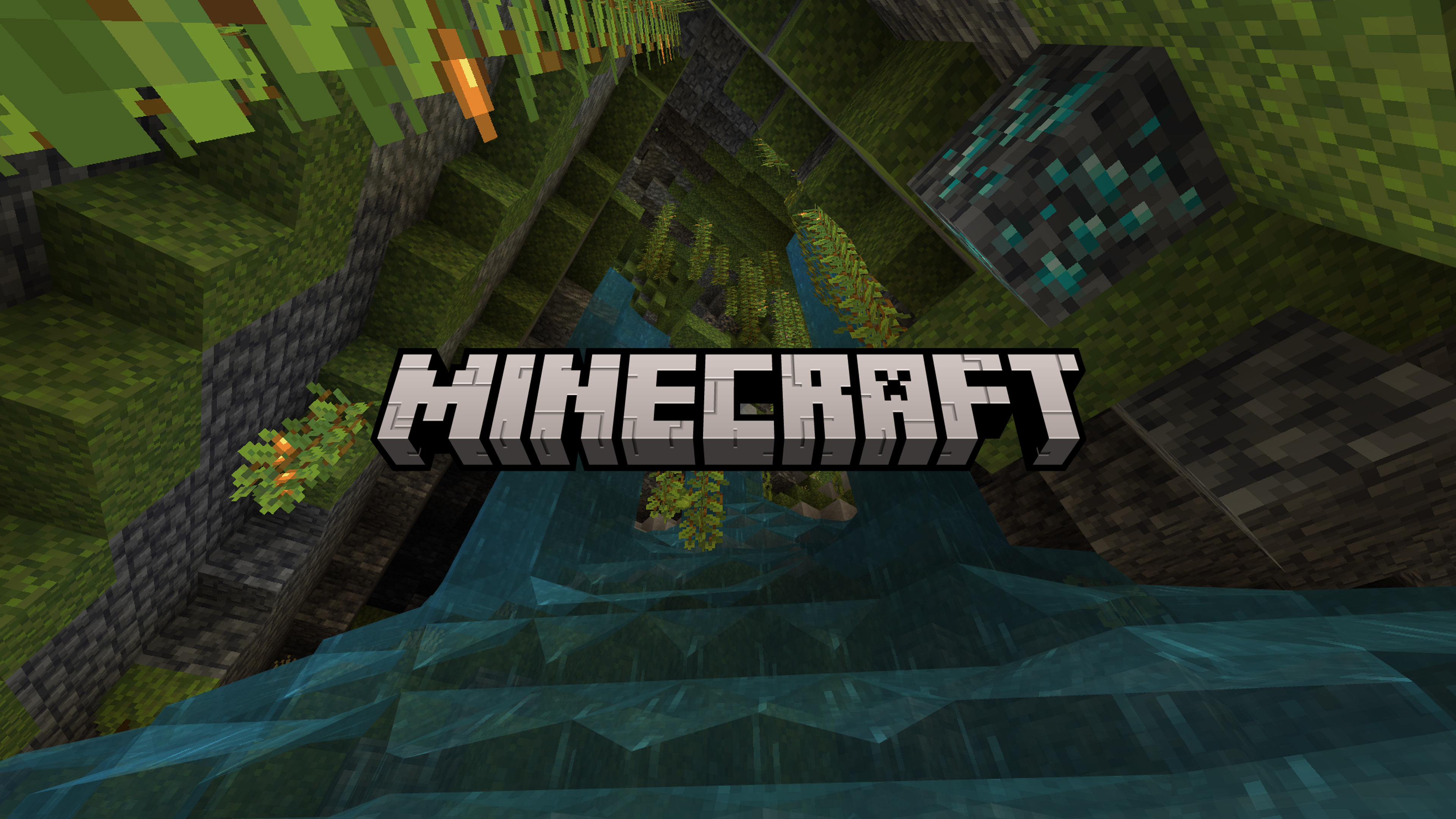 Steve from Minecraft exploring a lush, blocky landscape with cubic trees and mountains.