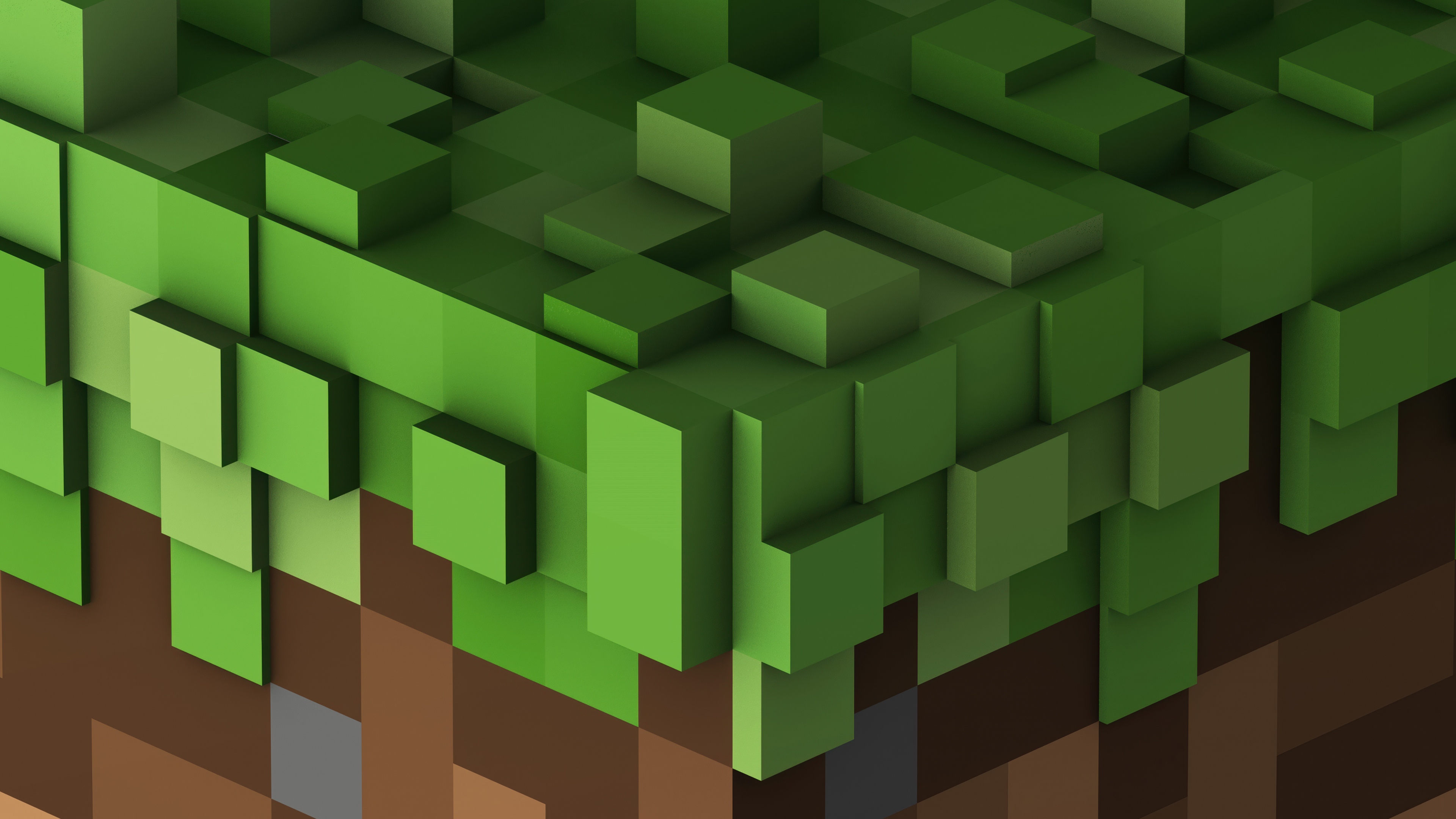 Abstract 5K wallpaper featuring Minecraft-style grass blocks and vibrant green geometric textures