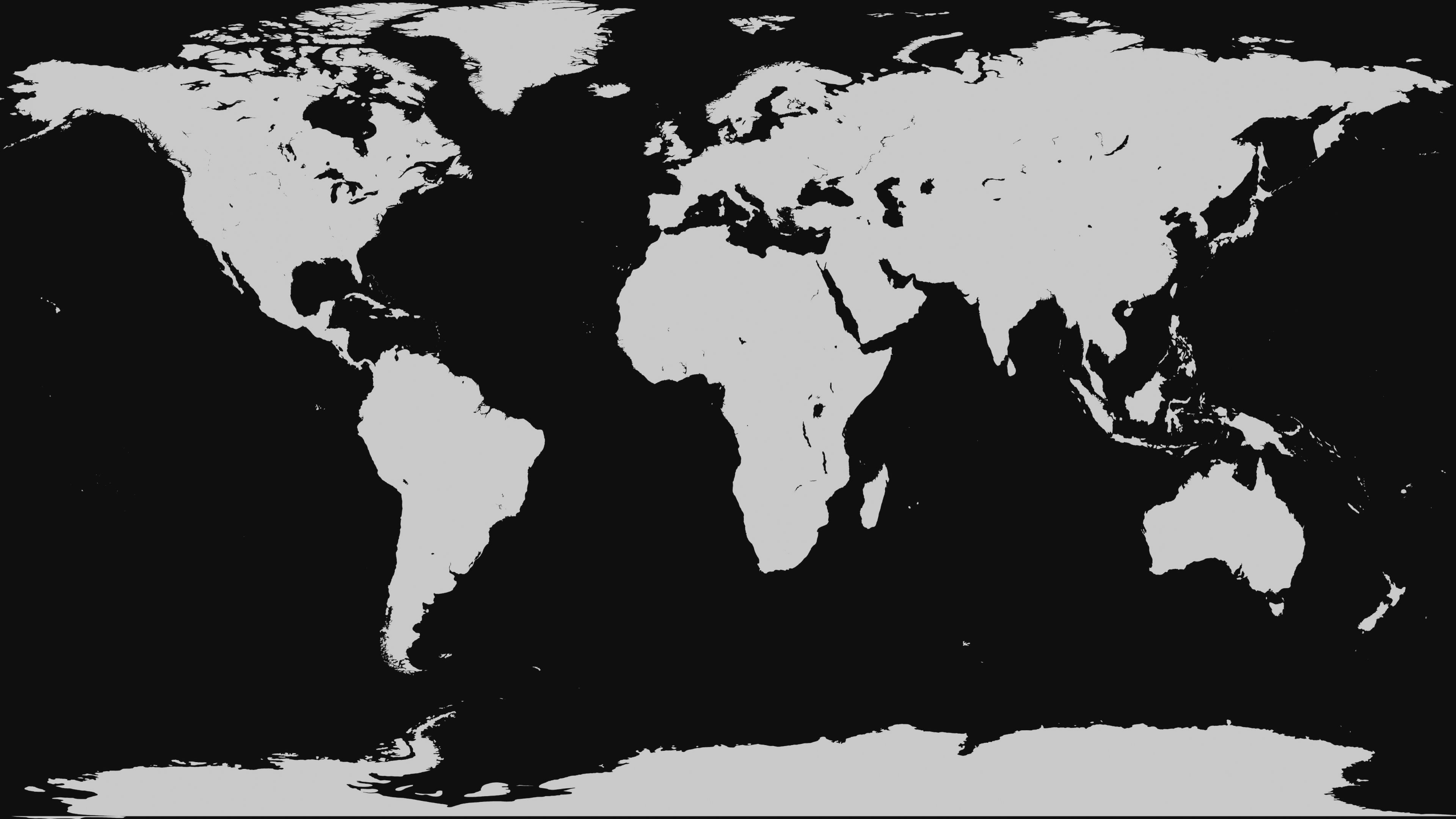 A high-definition, black and white world map with a minimalist monochrome design.