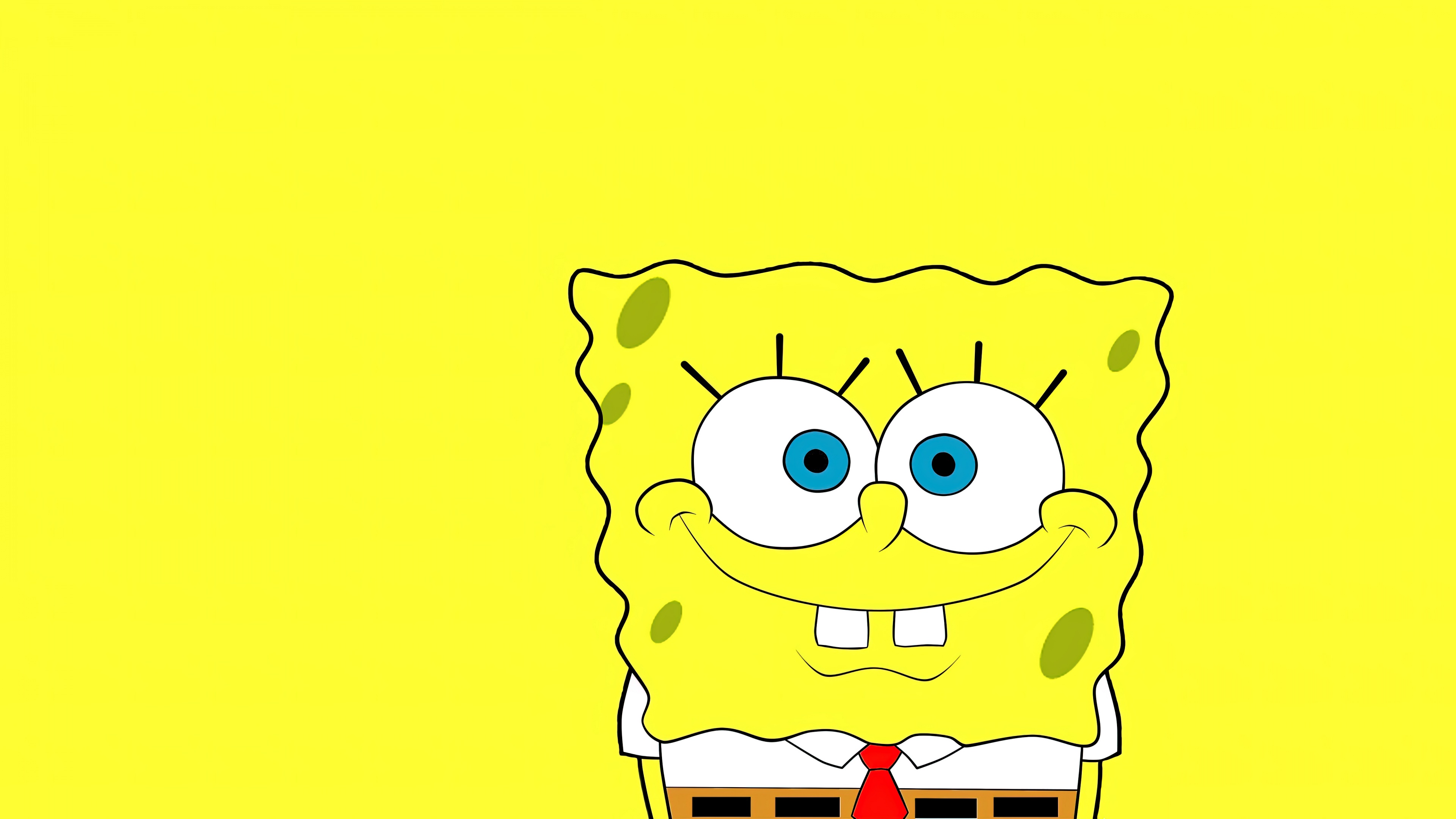 A minimalist yellow monochromatic background featuring a simple, iconic smiley face of SpongeBob SquarePants.