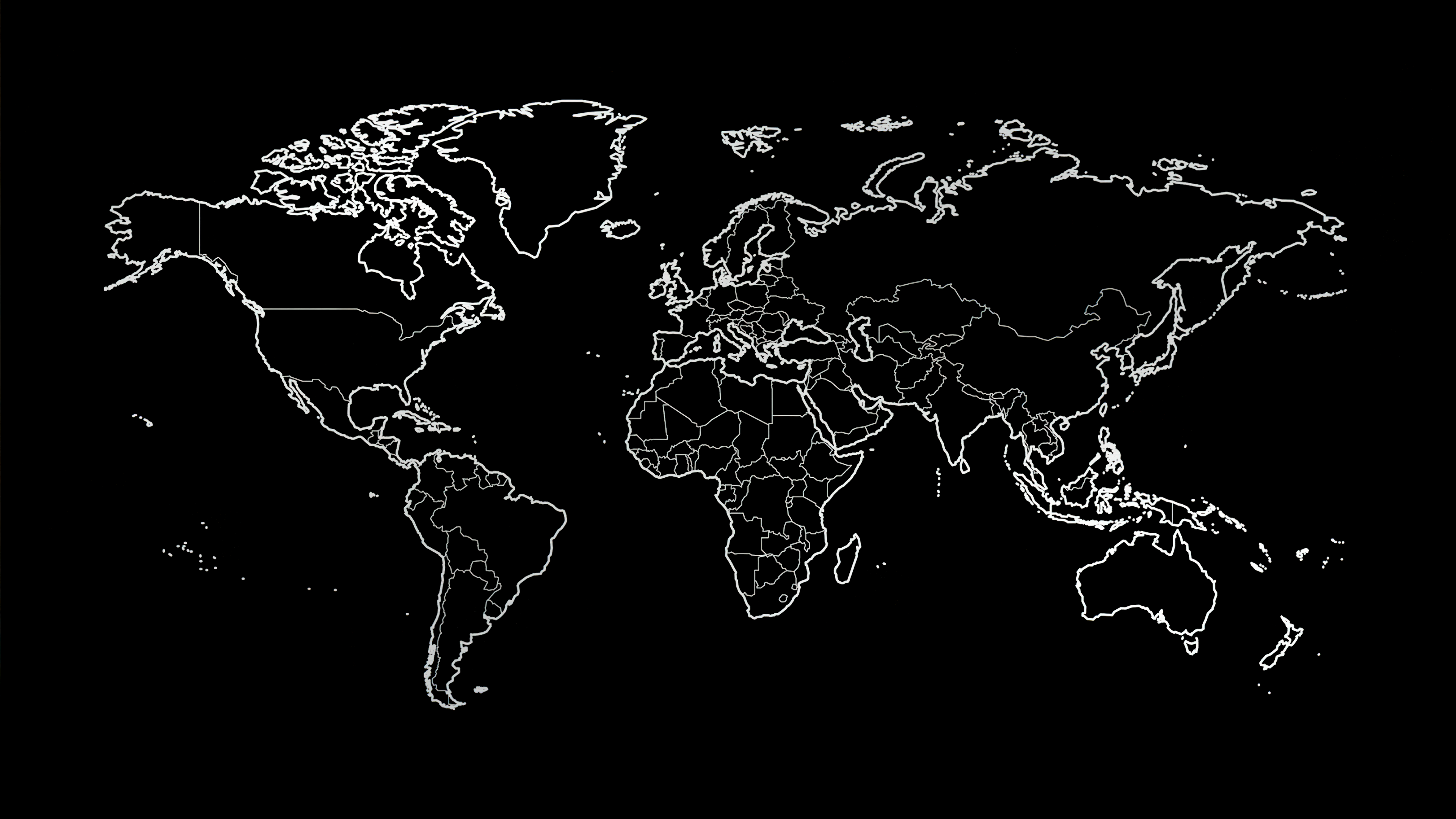 A minimalist white outline of the world map on a solid black background.