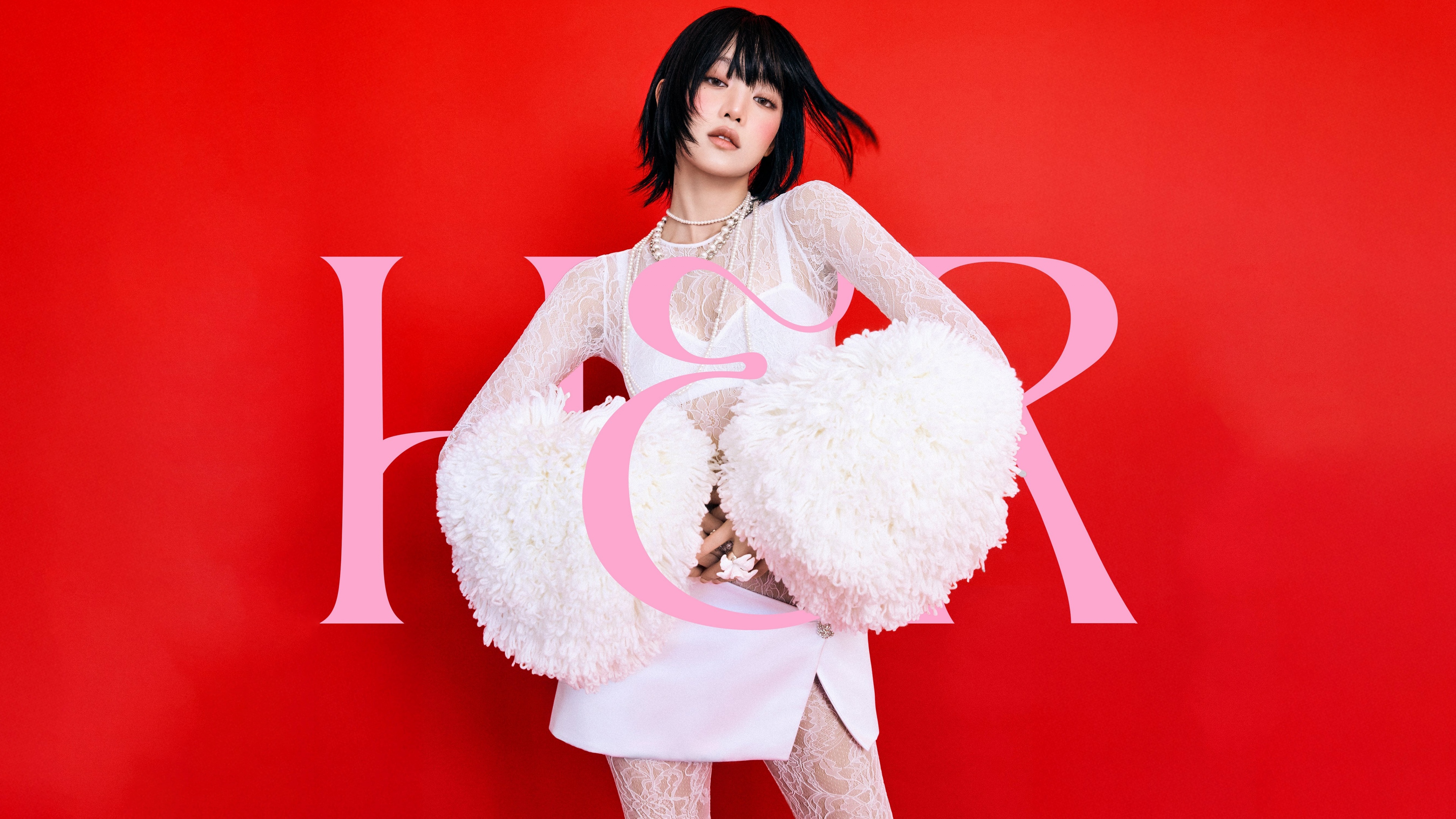 A high-quality portrait of Minnie from (G)I-DLE featuring a red aesthetic and a solid red background.