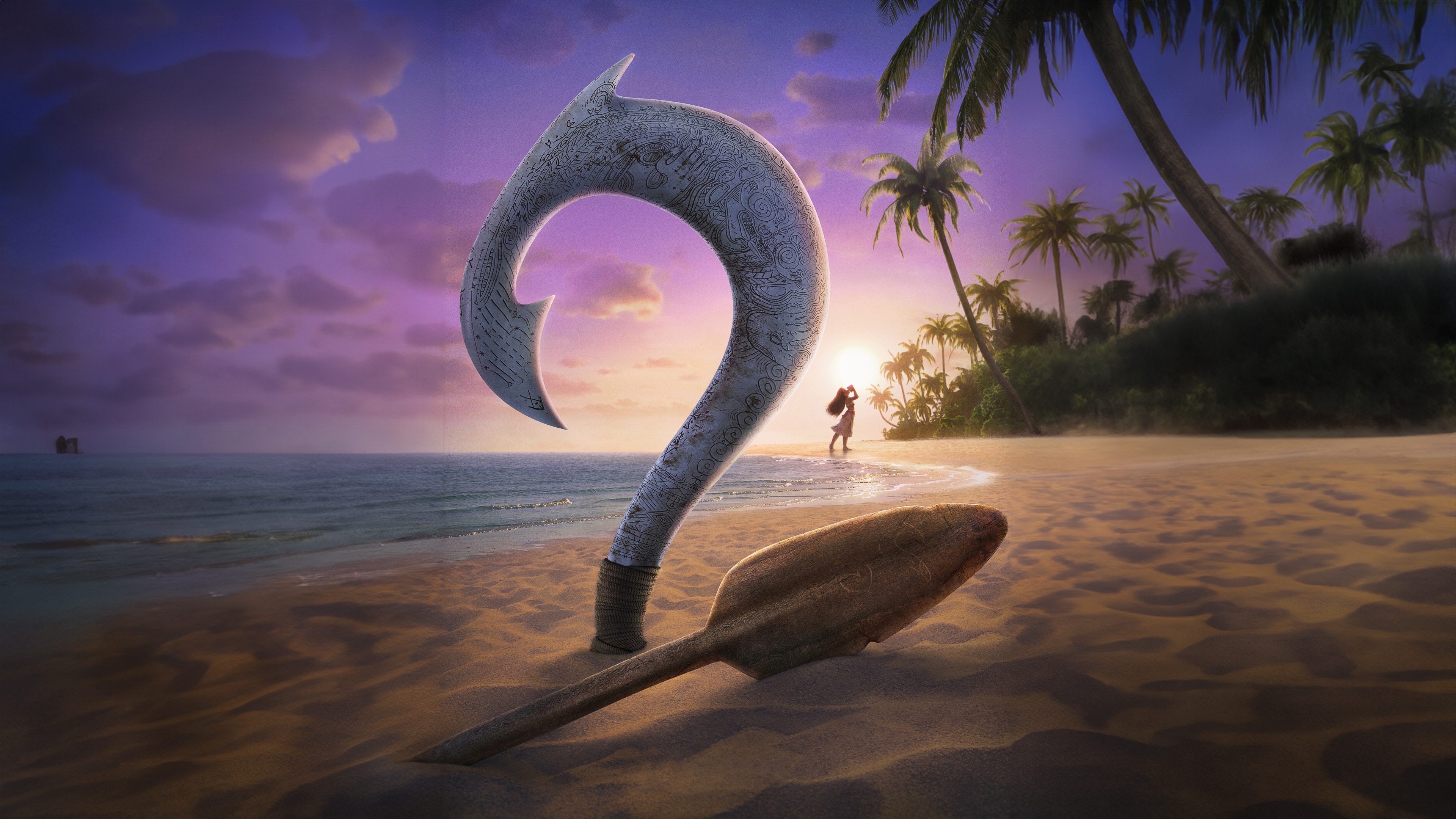 A stunning cinematic movie poster of Moana from Disney's Moana 2, set against a beautiful tropical ocean background.