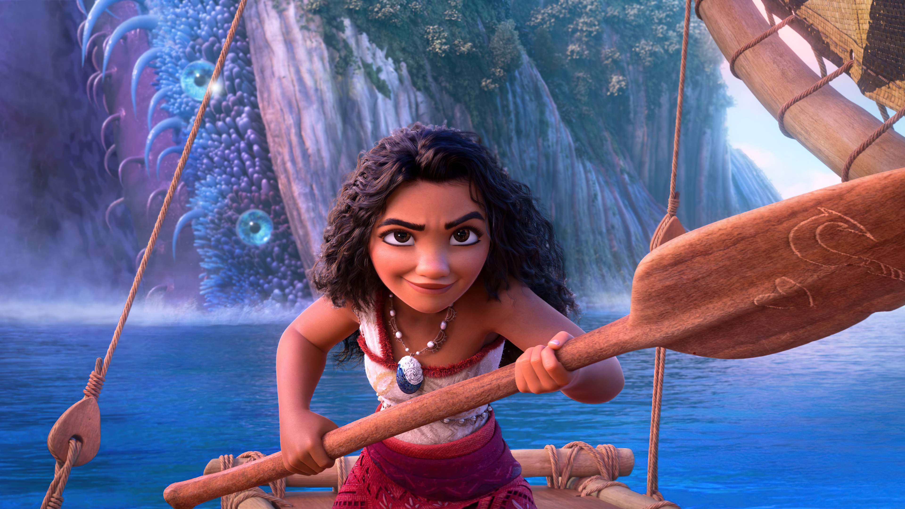 A cinematic ultra-wide shot of Moana from Disney's Moana 2 amidst a tropical ocean landscape.
