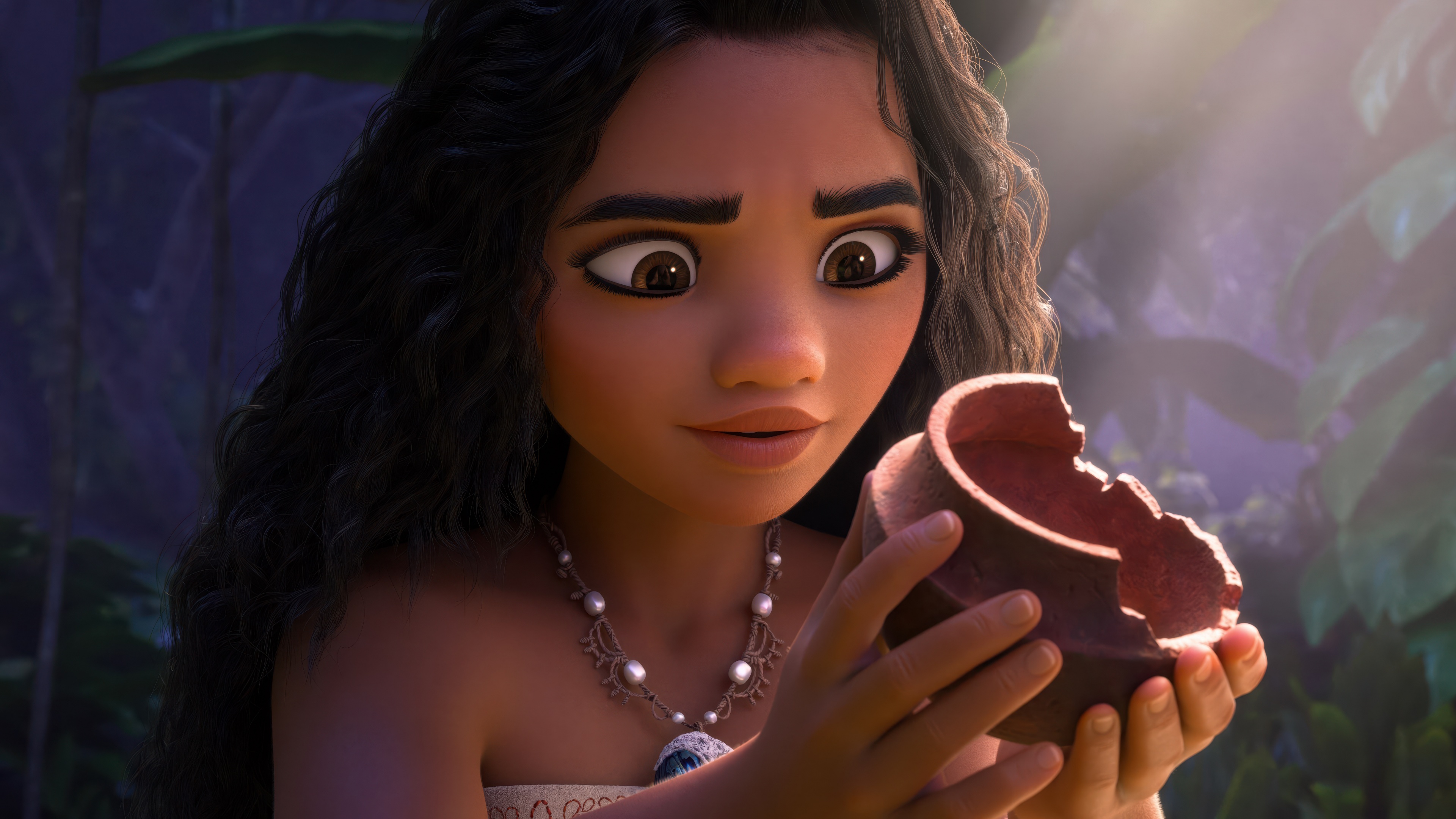 A detailed cinematic close-up of Moana from Disney's Moana 2 with lush ocean backgrounds.