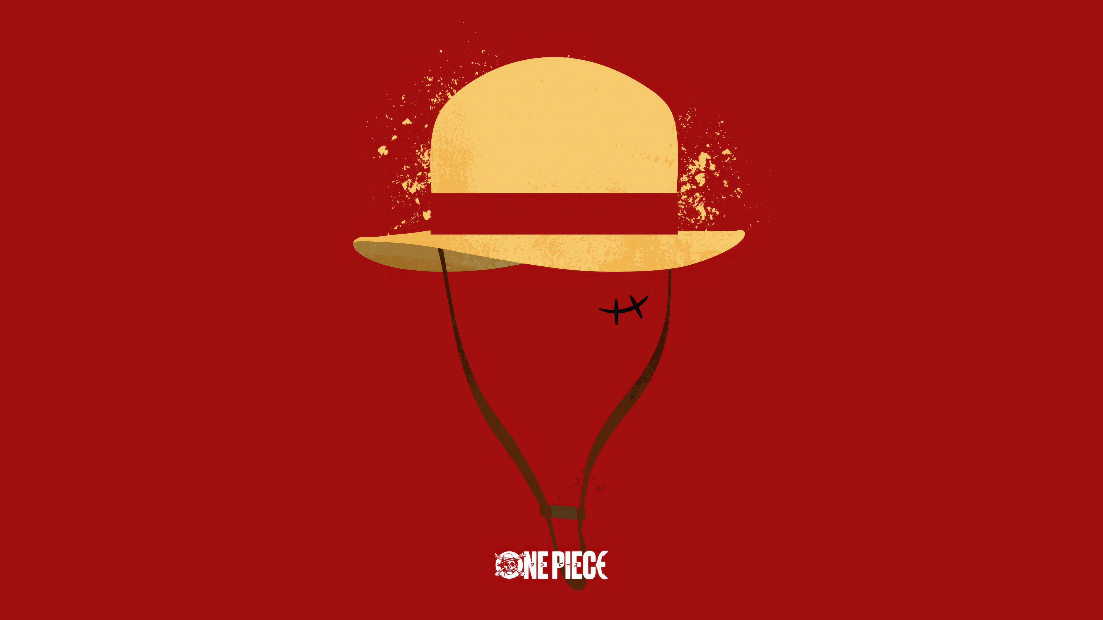 A minimalist illustration of Monkey D. Luffy from One Piece featuring his iconic straw hat on a solid red background.