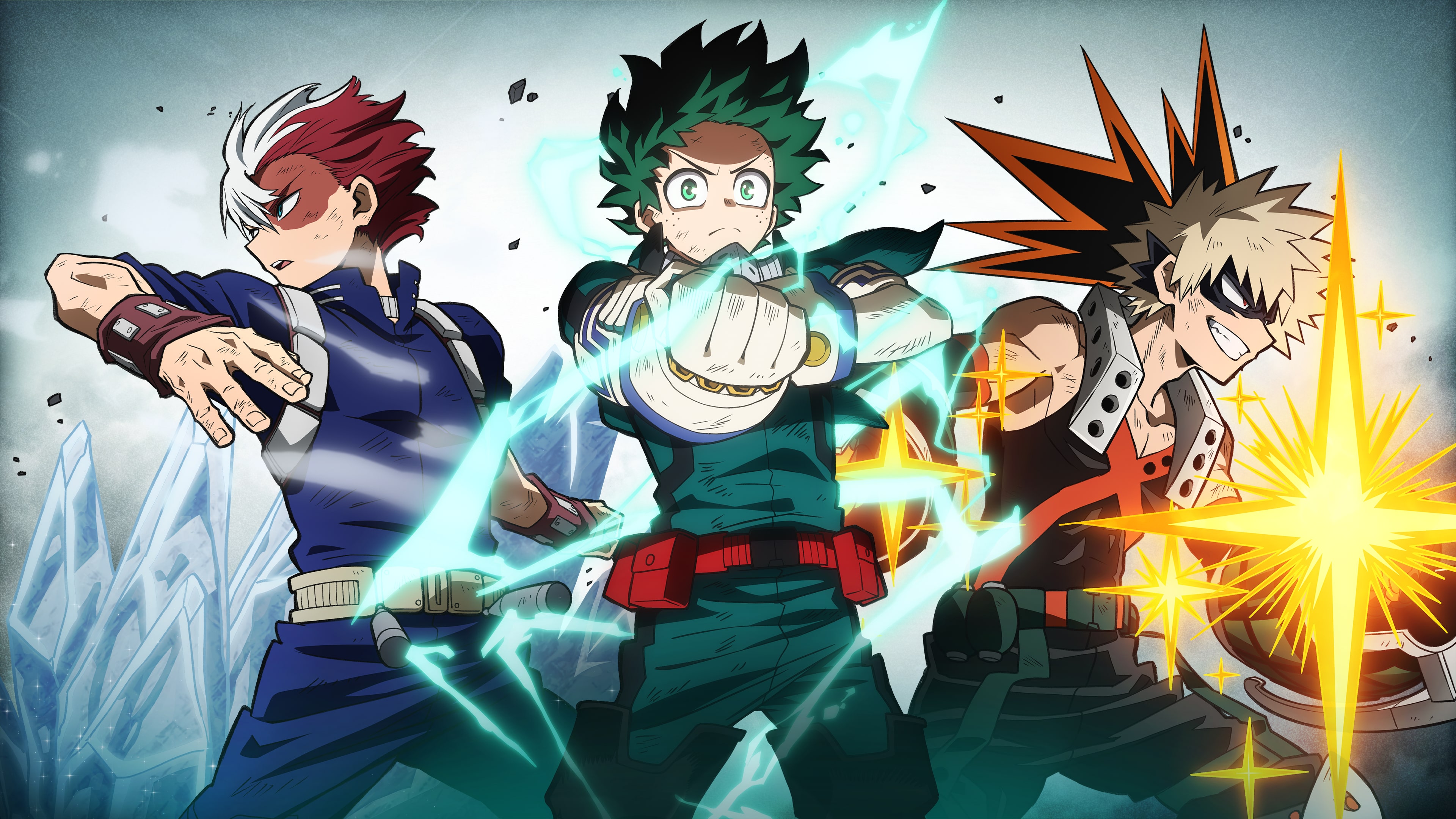 Katsuki Bakugo, Izuku Midoriya, and Shoto Todoroki from My Hero Academia with Nintendo Switch, PlayStation 4, and Xbox One gaming consoles.