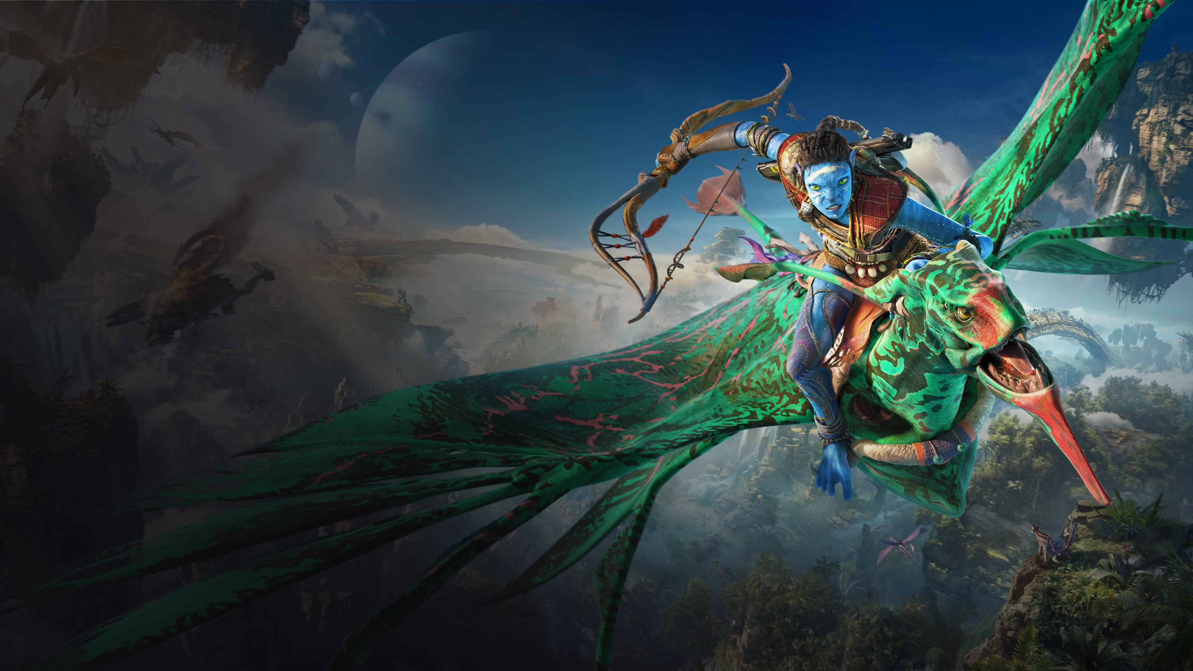 A Na'vi character from Avatar: Frontiers of Pandora standing amidst the glowing, exotic flora of the Pandoran jungle.