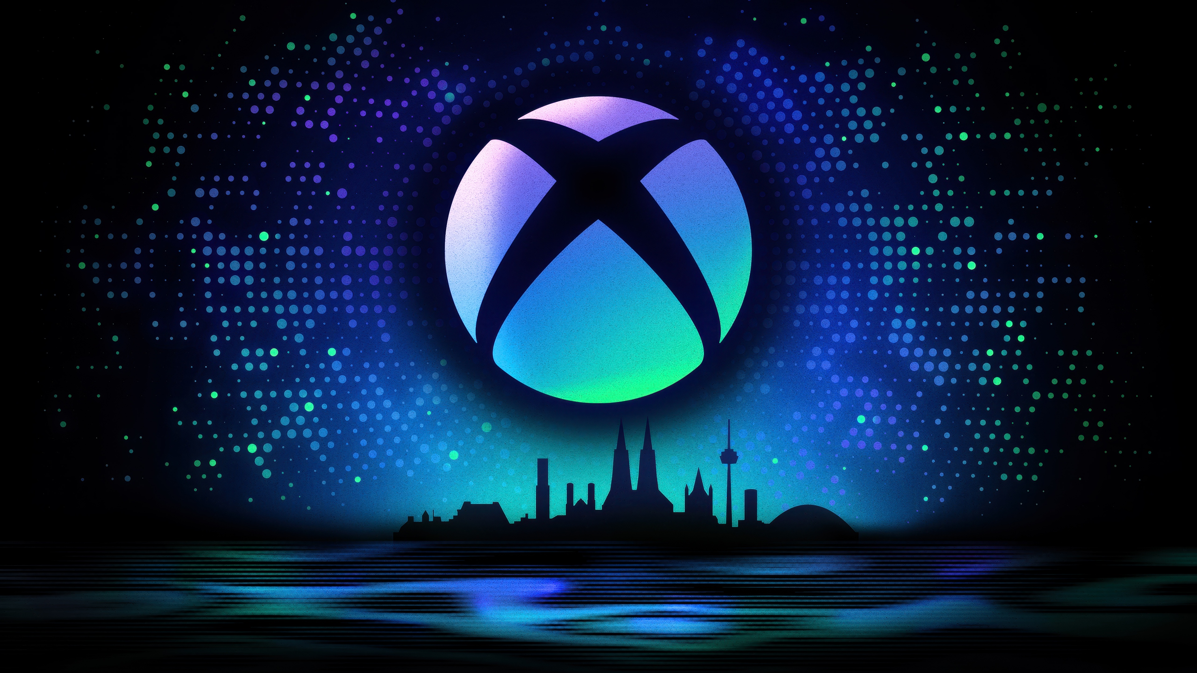 A glowing neon Xbox logo set against a dark, atmospheric background with high-resolution 5K details.