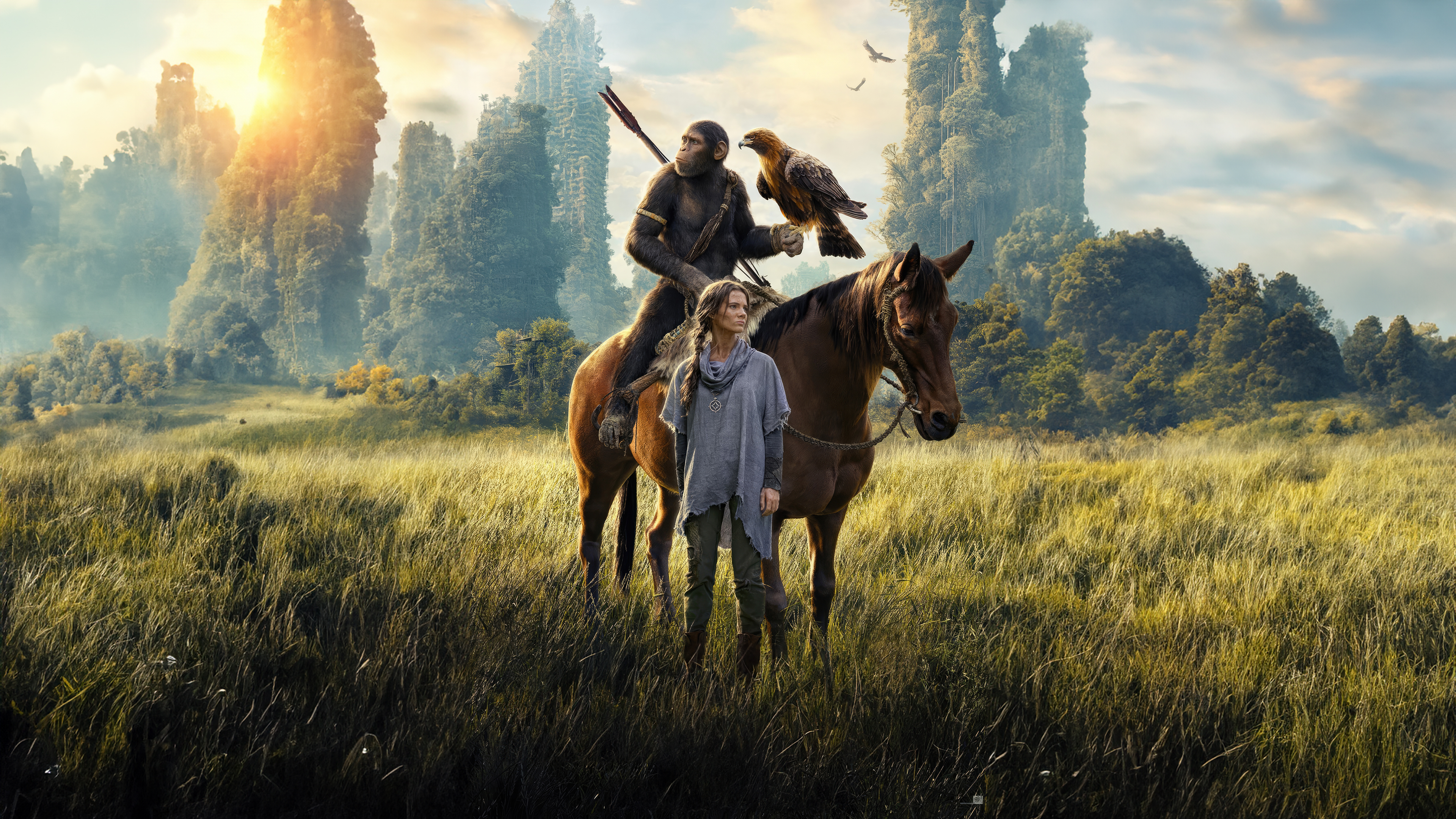A cinematic poster featuring the character Noa from the movie Kingdom of the Planet of the Apes.