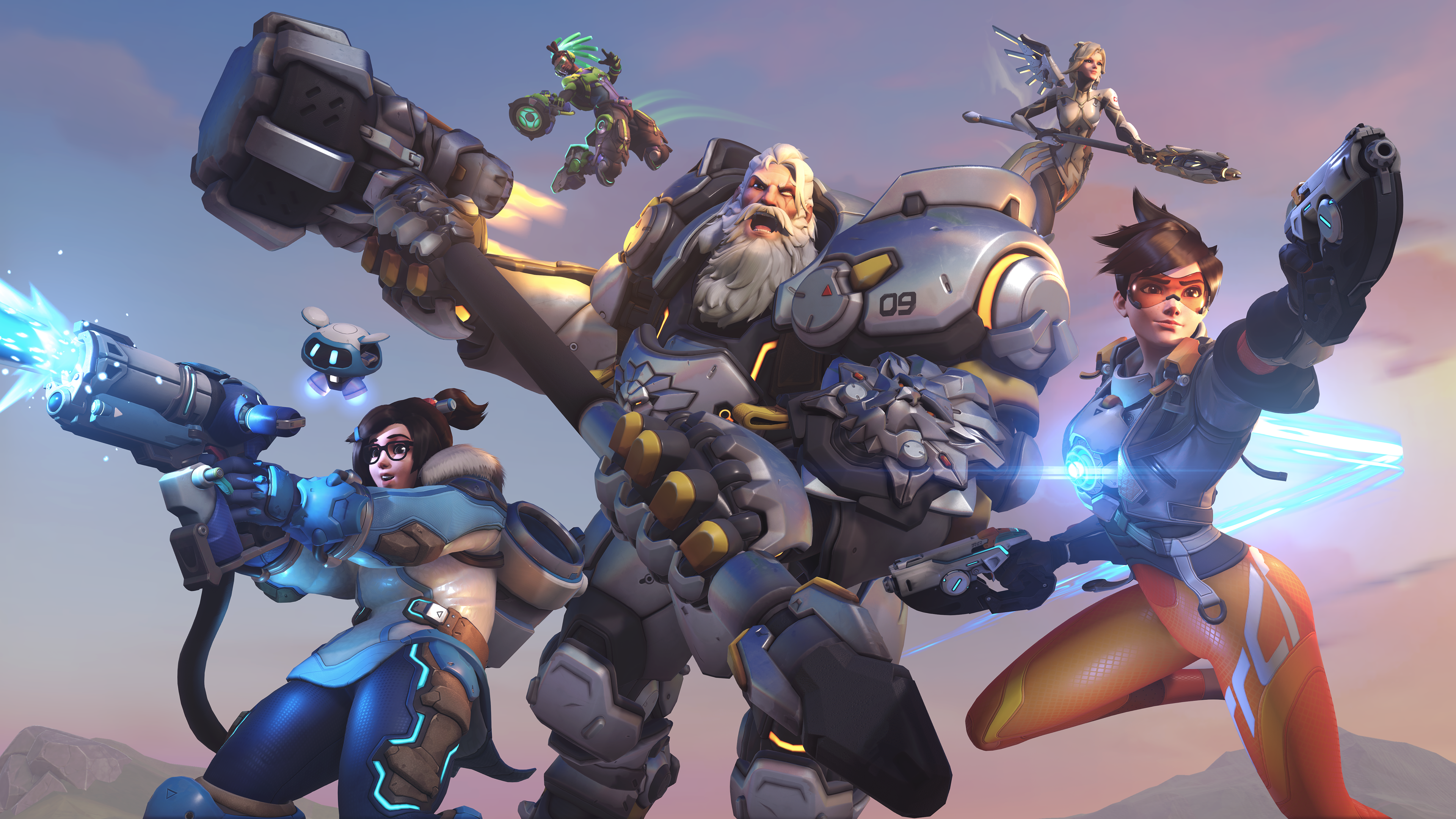 A group portrait of Overwatch 2 characters Tracer, Mei, Reinhardt, Mercy, and Lucio.