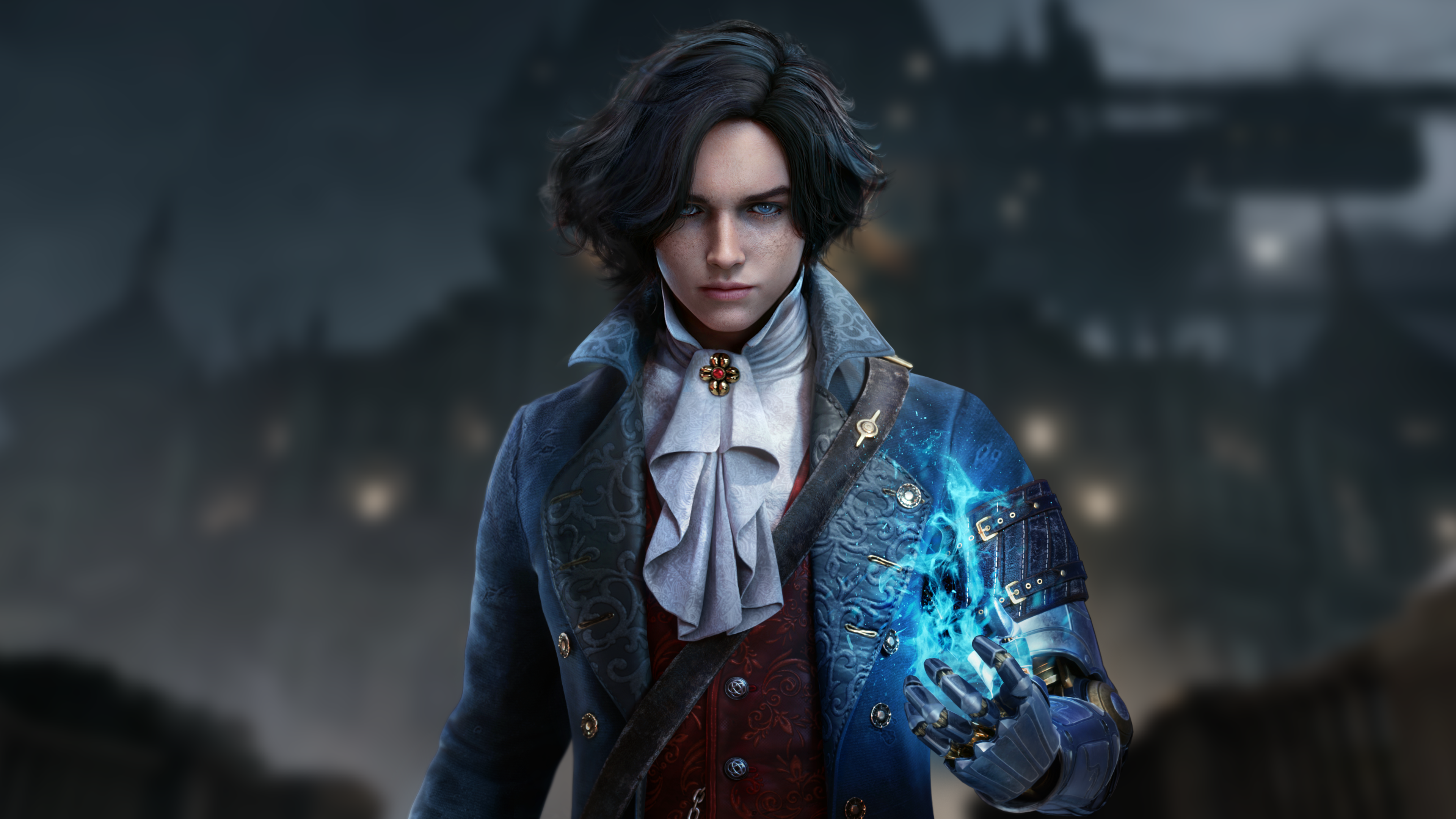 Cinematic close-up of P, the protagonist from the video game Lies of P, featuring dark Belle Époque aesthetics.