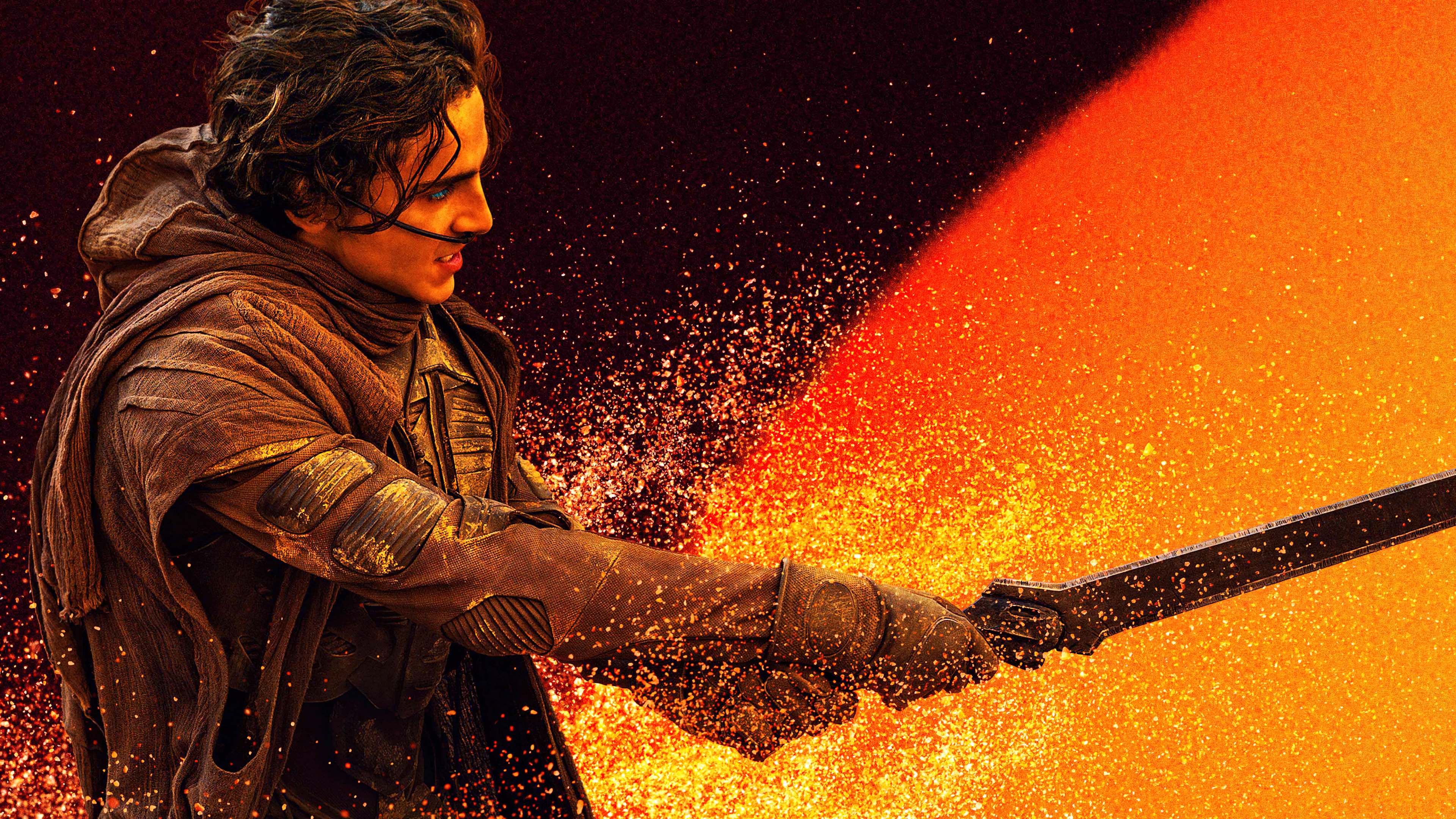 A cinematic ultrawide portrait of Timothée Chalamet as Paul Atreides from the movie Dune: Part Two.
