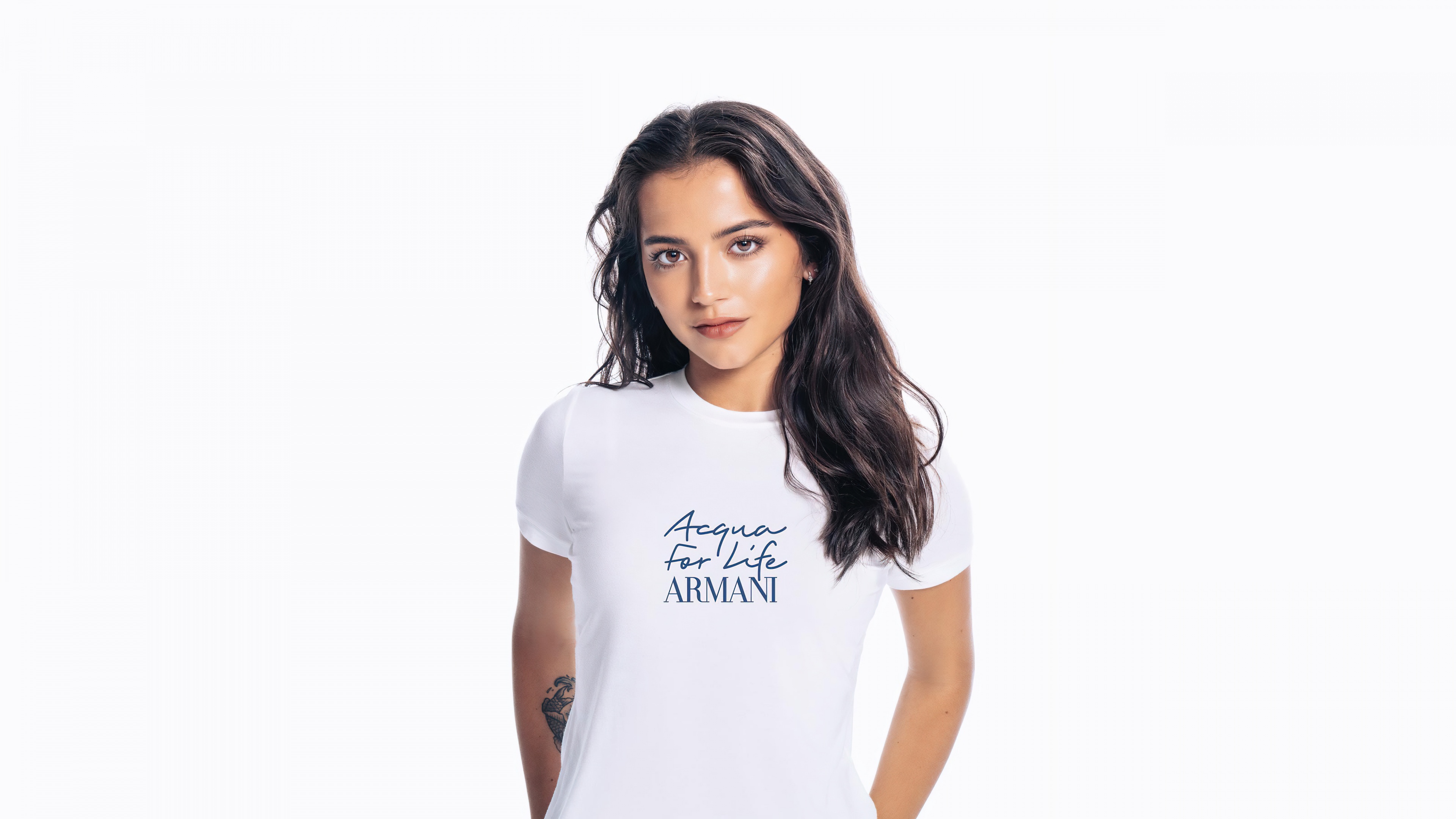A detailed 5K close-up portrait of Isabela Merced on a plain white background