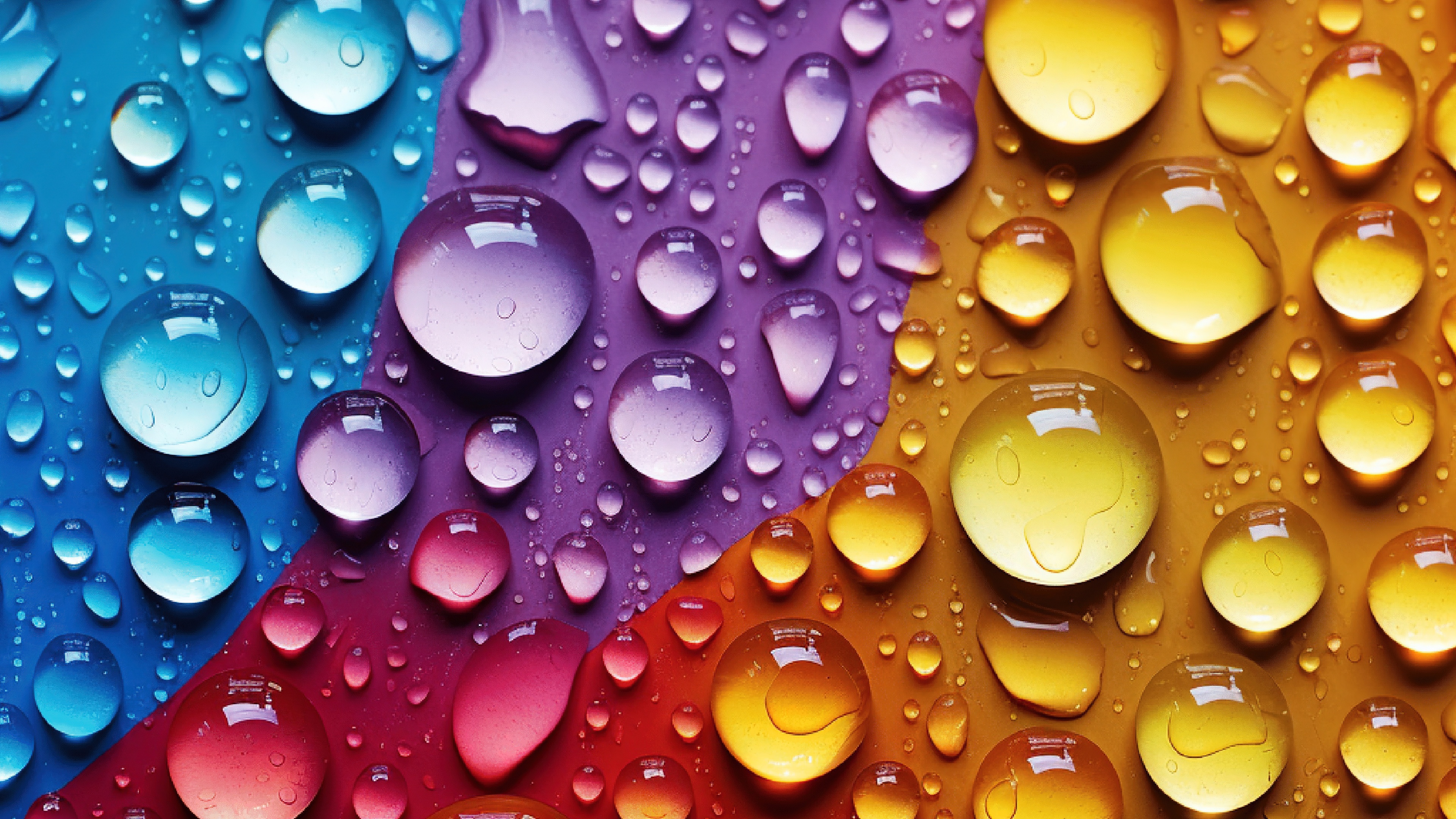 Close-up macro photography of crystal clear water droplets resting on a vibrant, multi-colored, out-of-focus background.