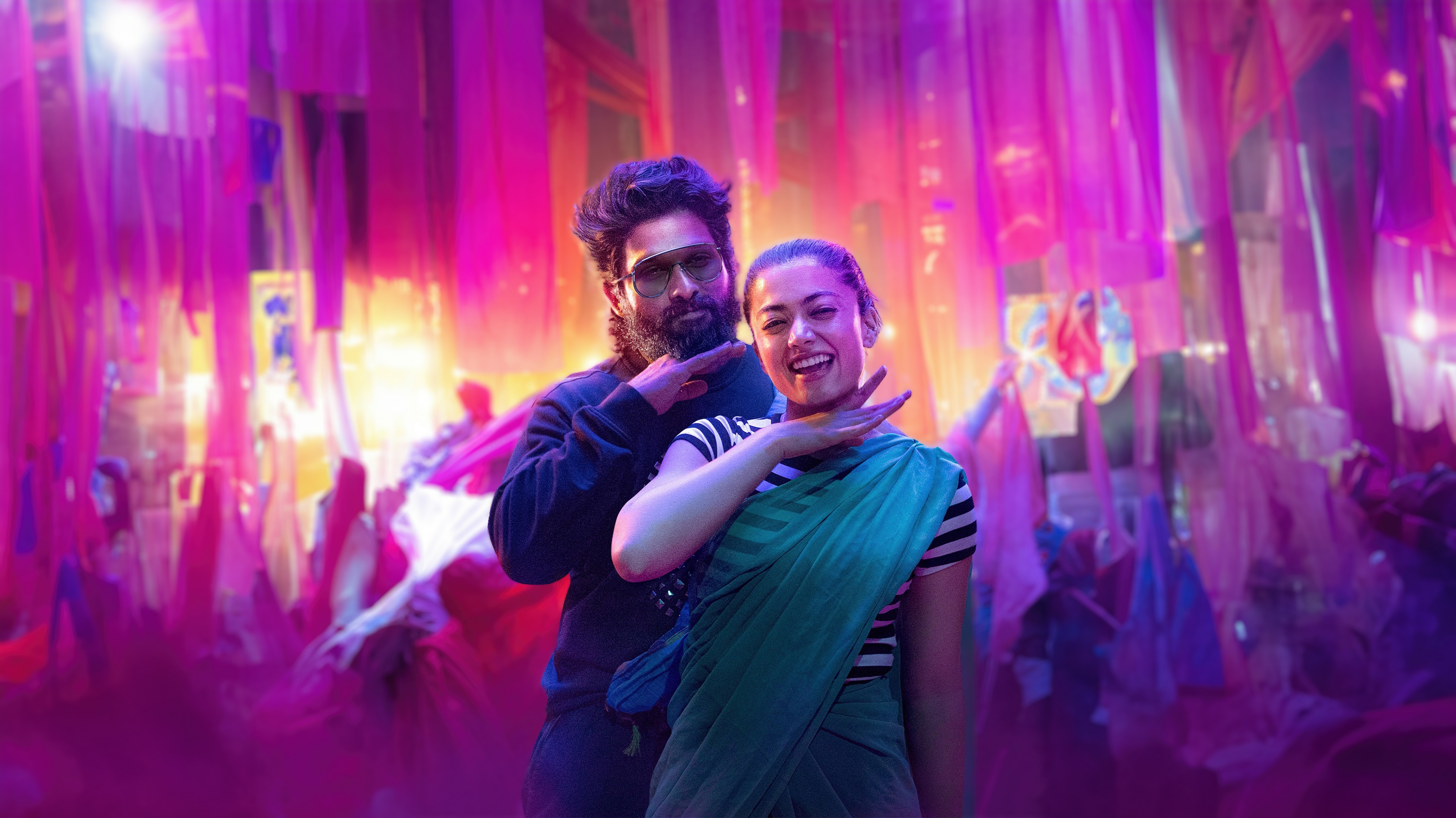 Allu Arjun as Pushpa Raj and Rashmika Mandanna as Srivalli from the movie Pushpa 2: The Rule