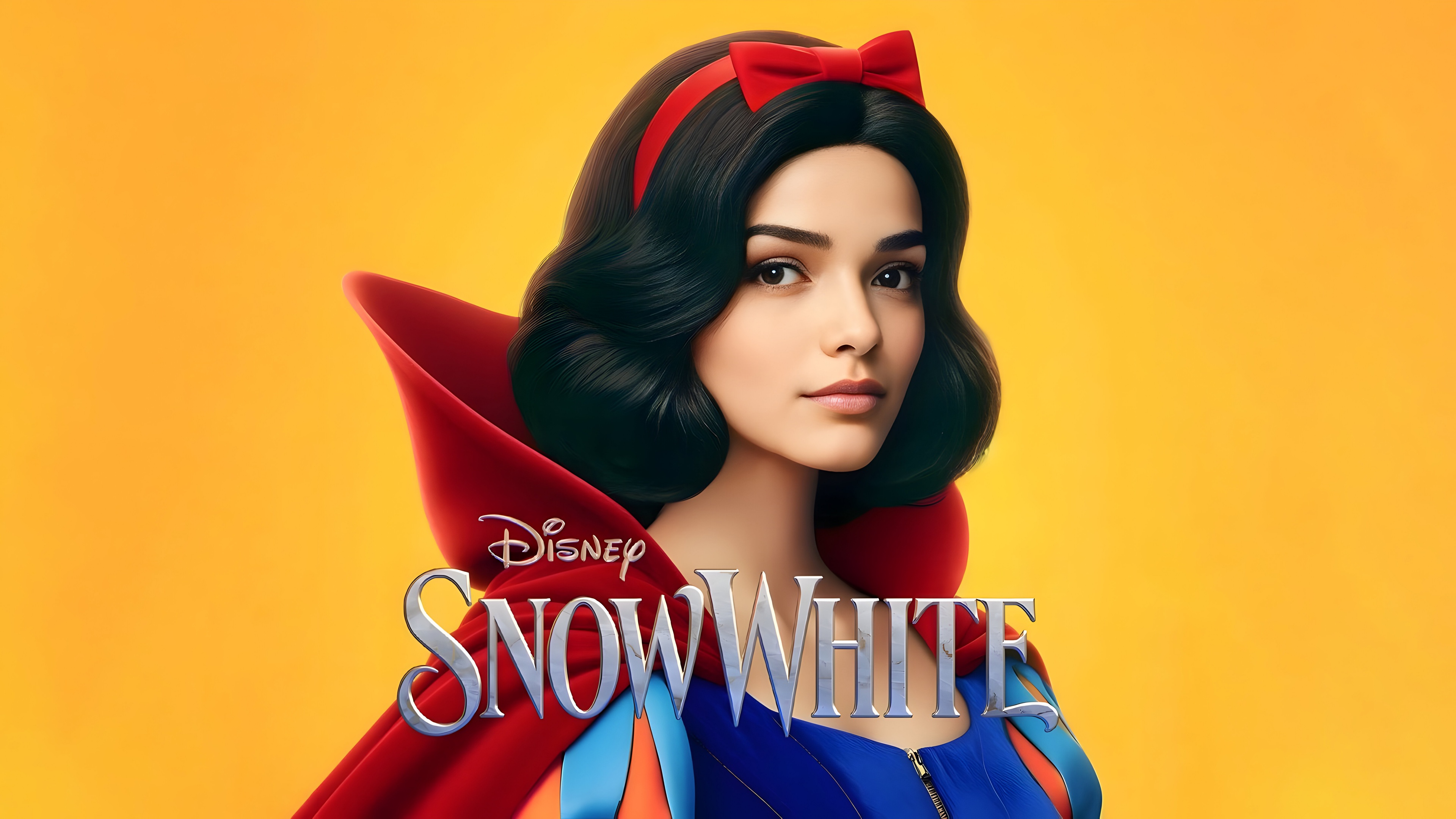 A close-up portrait of Rachel Zegler as the character Snow White from Disney.