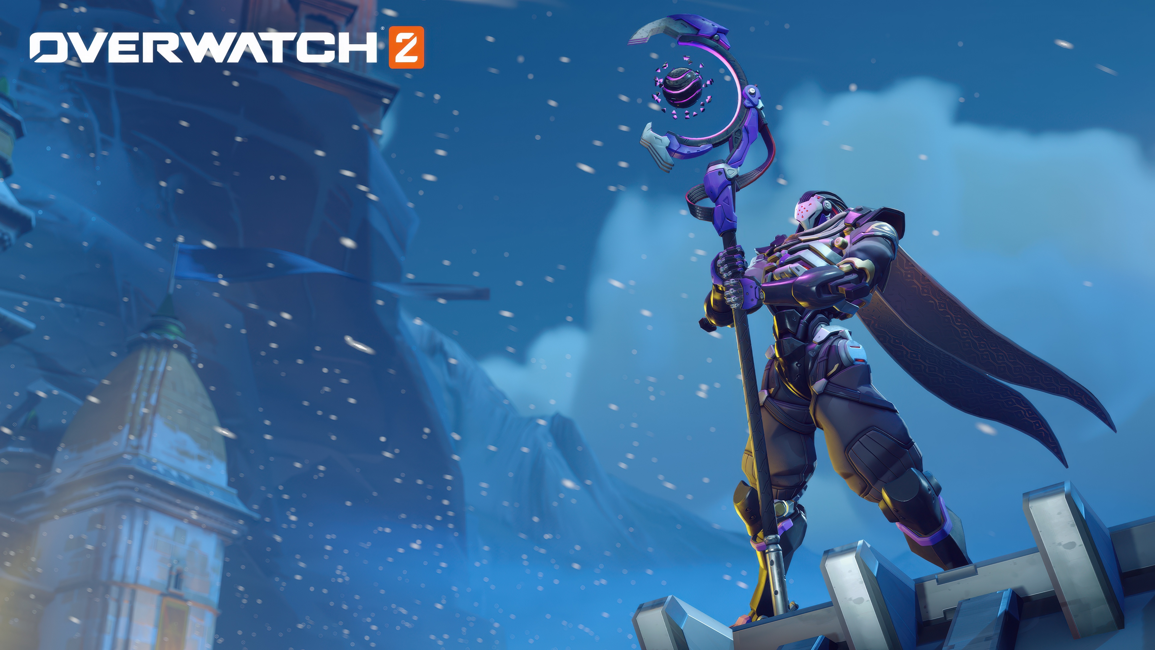 A cinematic close-up of Ramattra from Overwatch 2, showcasing his dark robotic armor and glowing purple lights.