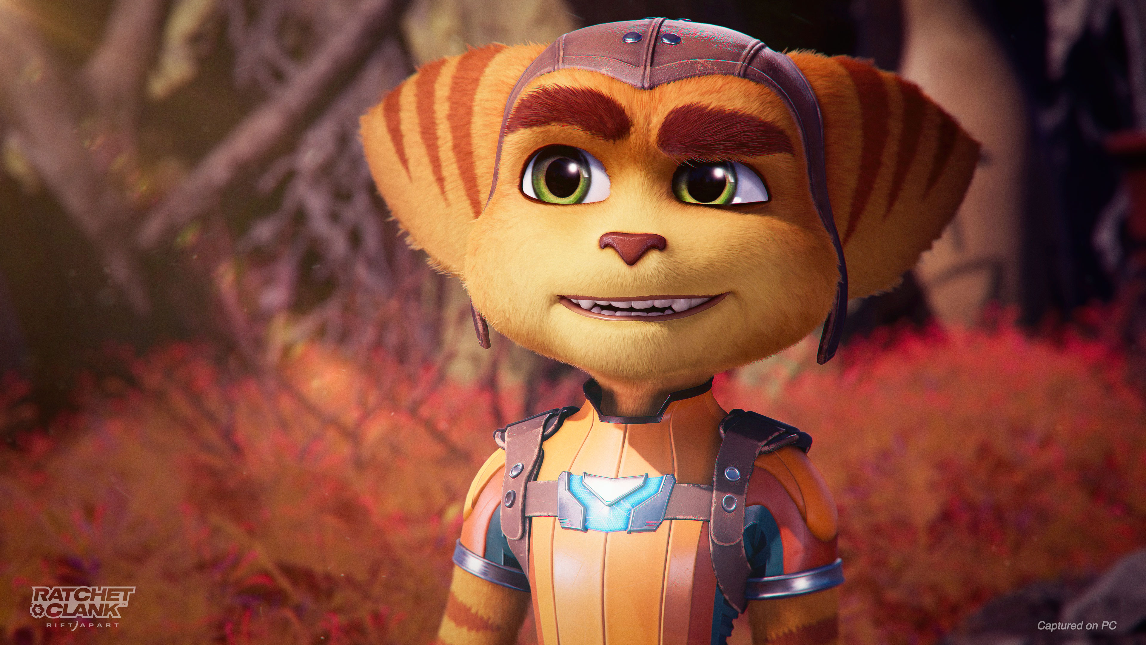 A highly detailed close-up of Ratchet, the Lombax protagonist, from the game Ratchet & Clank: Rift Apart.