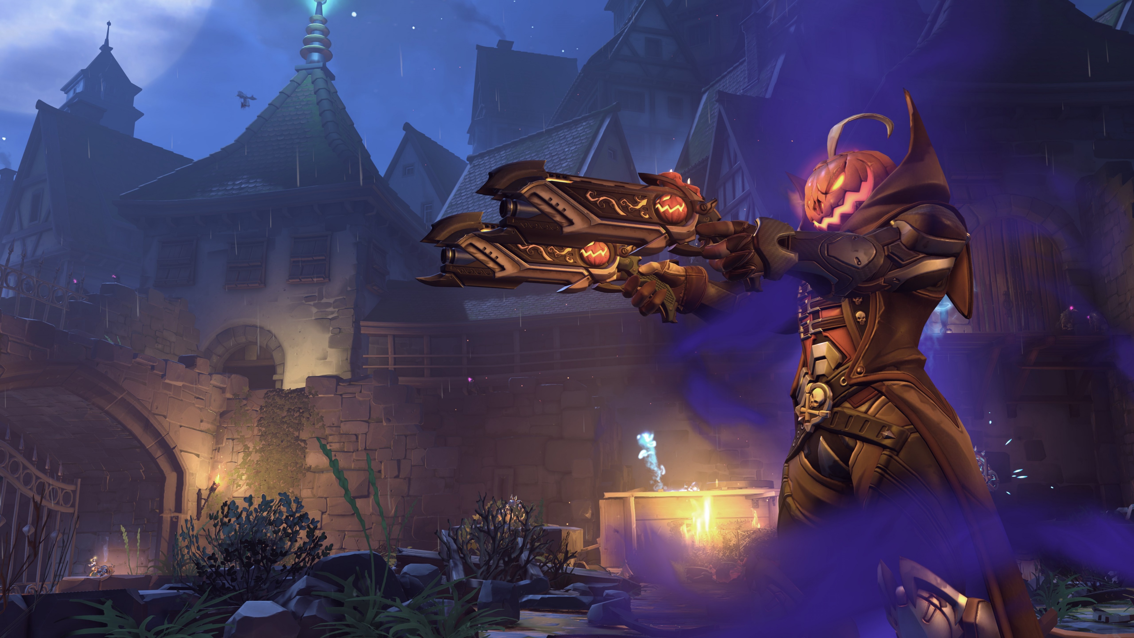 Reaper from Overwatch posing with a pumpkin in front of a haunted house during a spooky Halloween night.