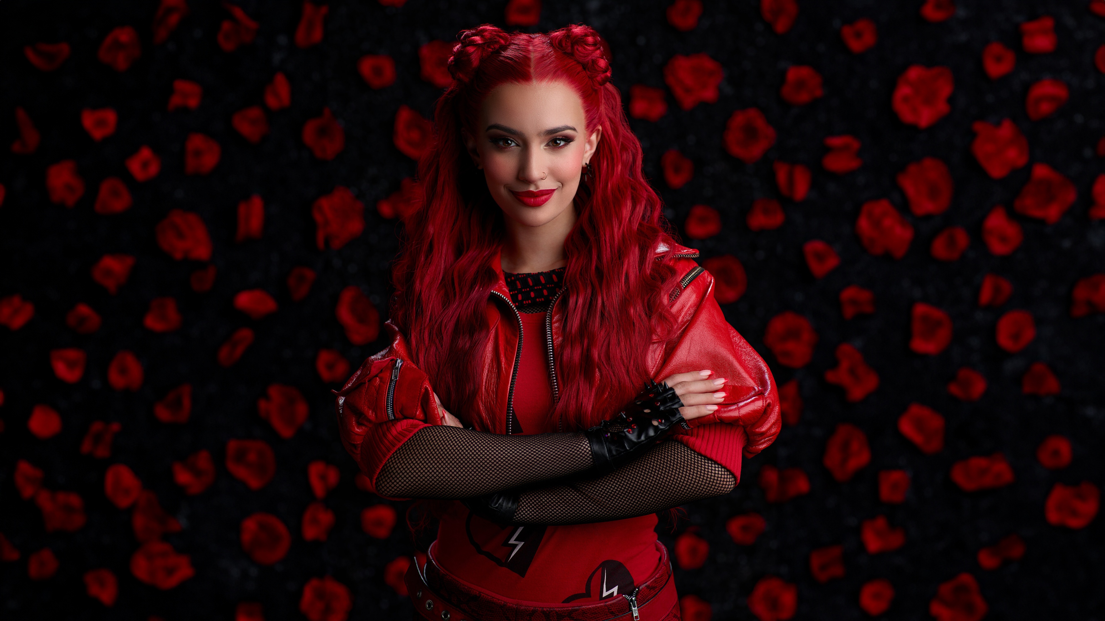 A cinematic portrait of the character Red, played by Kylie Cantrall, featuring a dark red aesthetic from the movie Descendants: The Rise of Red.