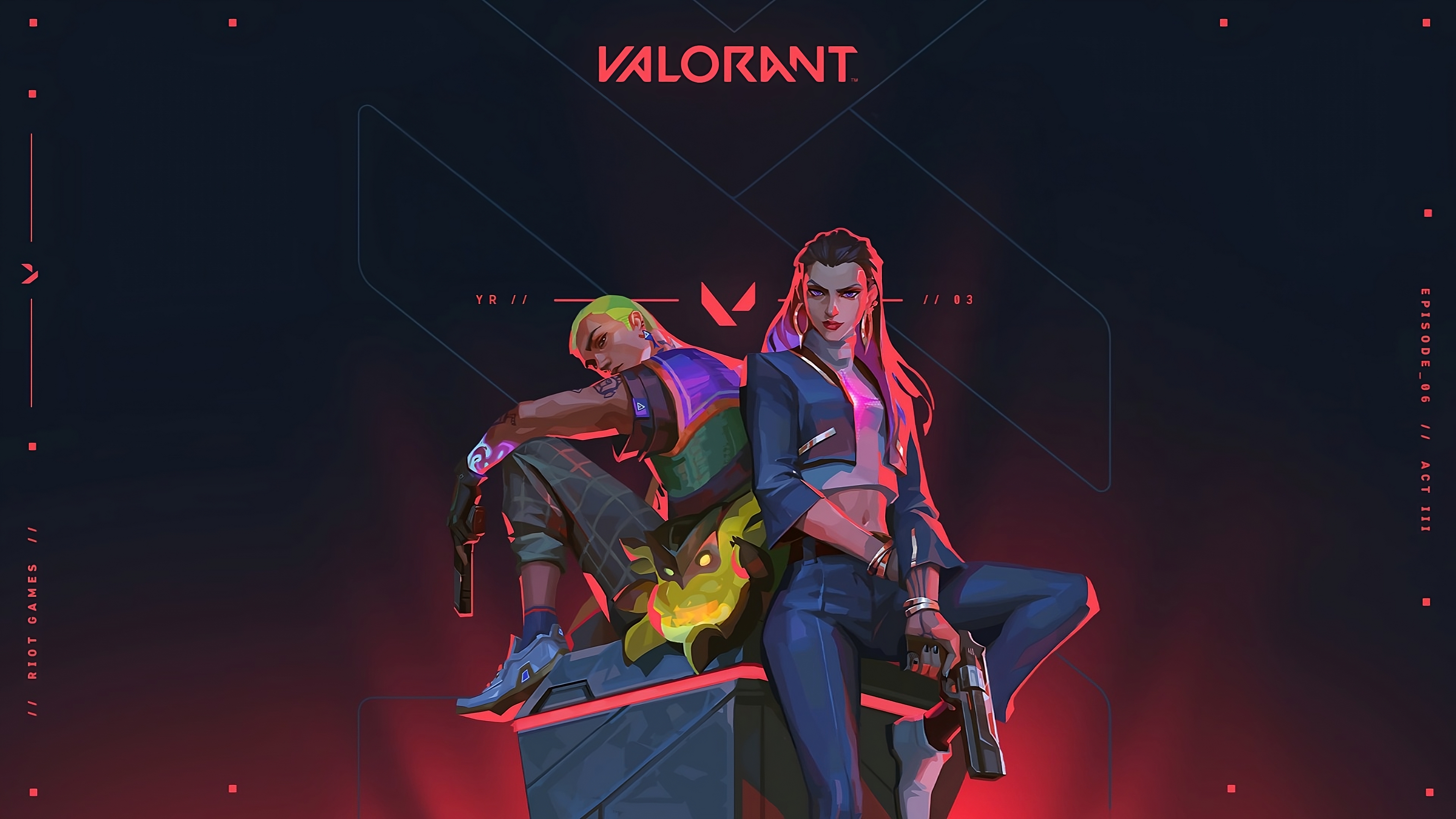 Reyna and Gekko, playable characters from the video game Valorant, featuring their signature abilities and aesthetics.