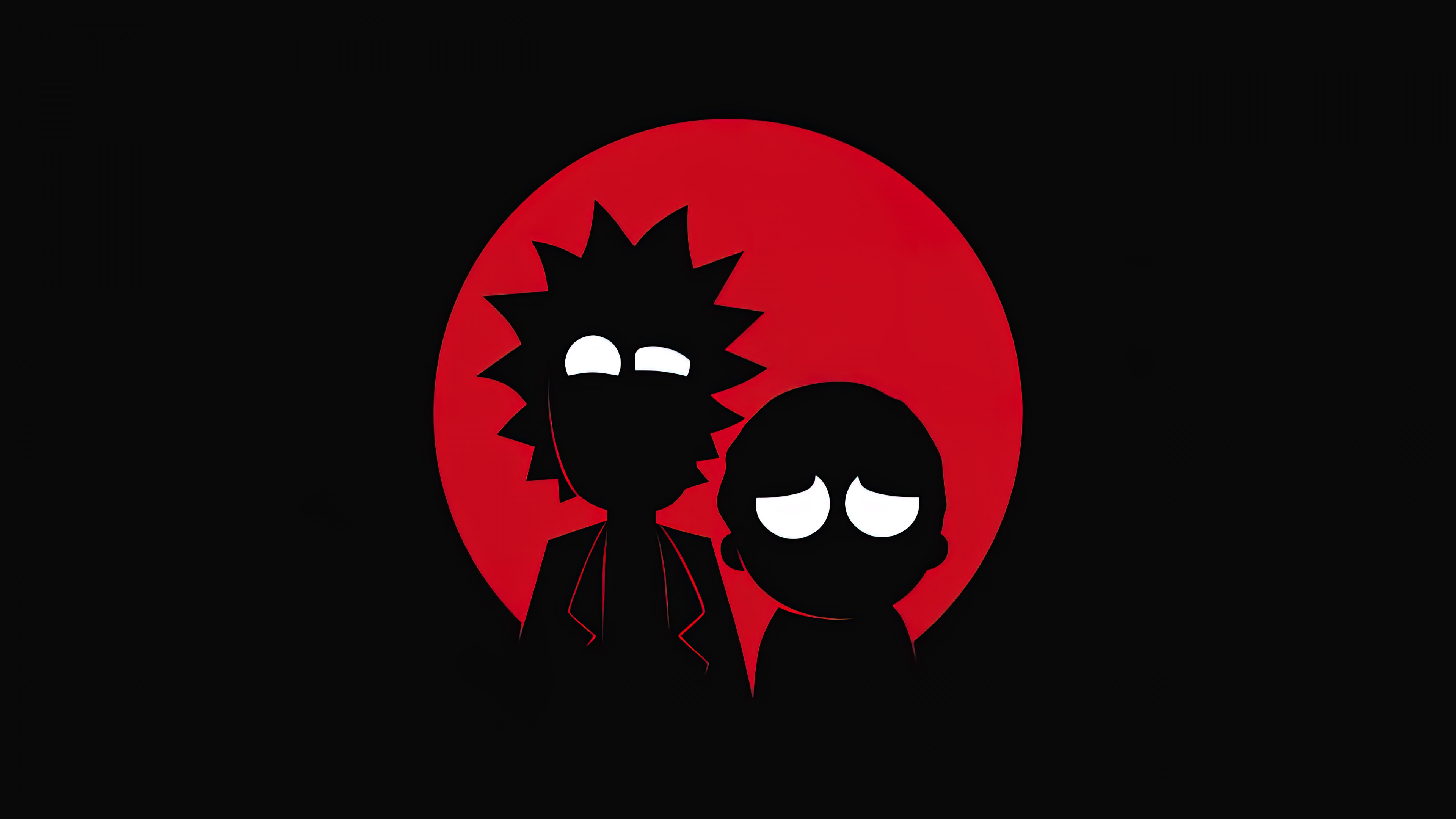 Minimalist silhouette of Rick Sanchez and Morty Smith from Rick and Morty on a black background.