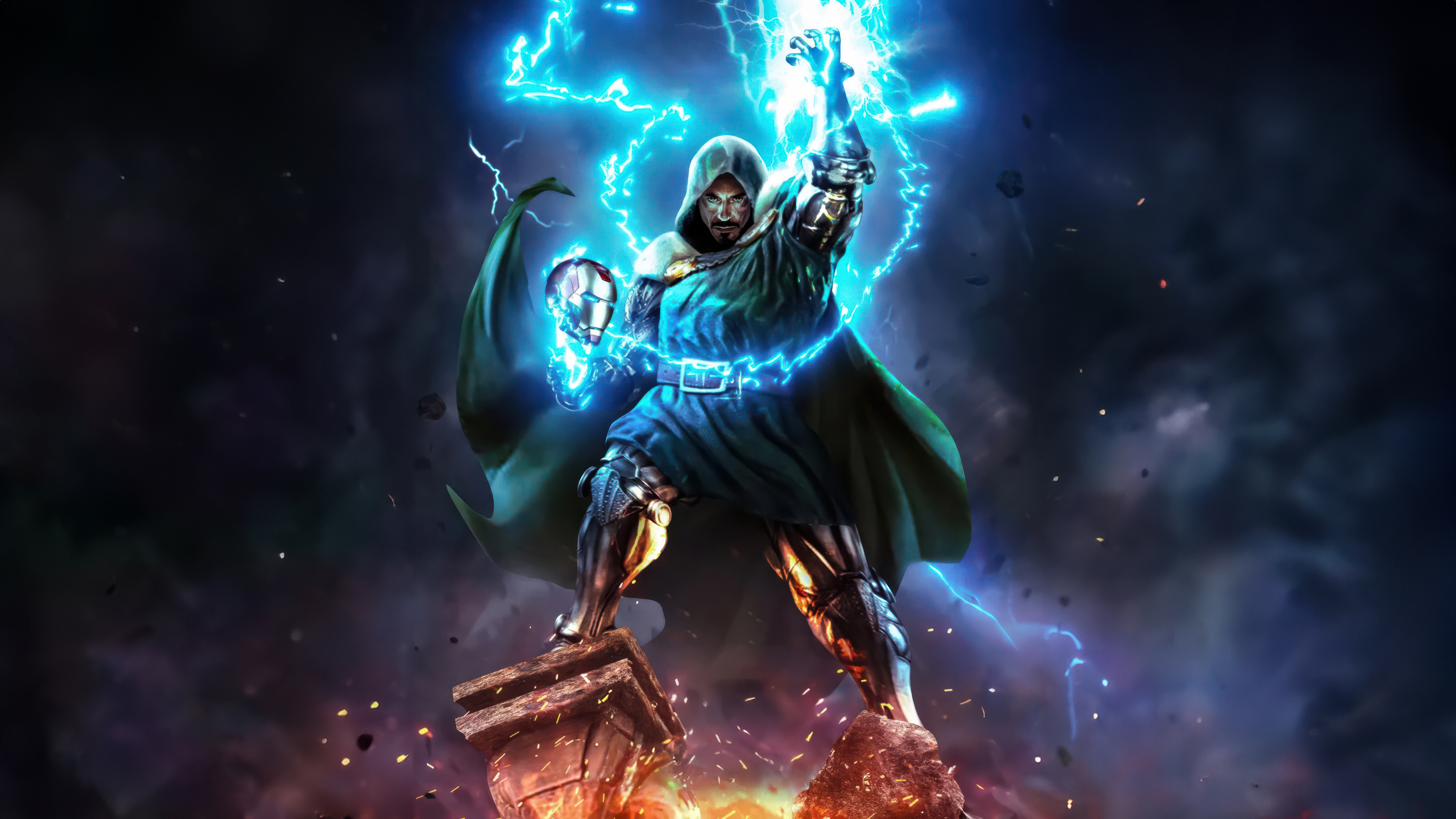A detailed fan art depiction of Robert Downey Jr portrayed as the character Doctor Doom from Marvel Comics.