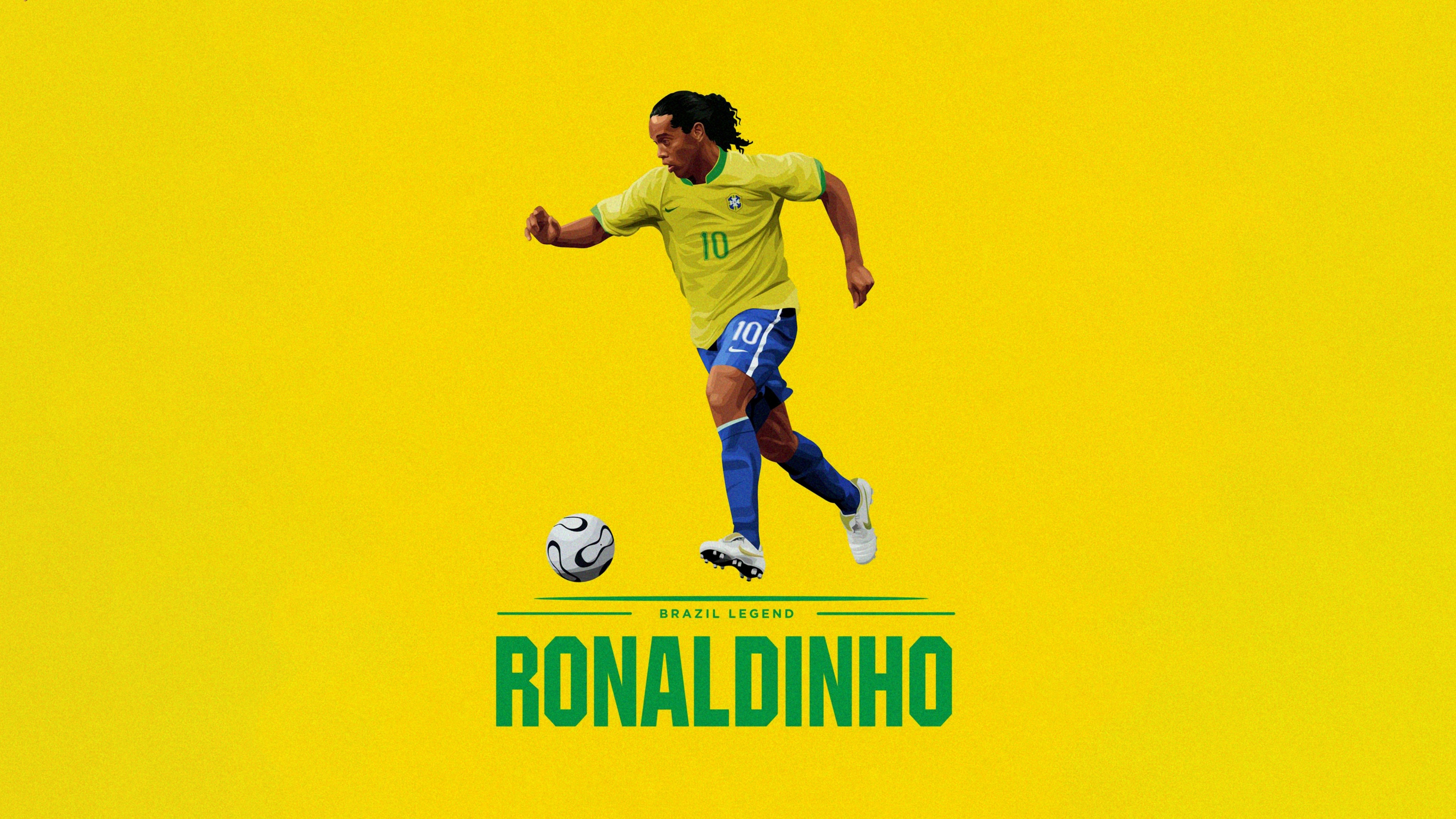 A high-resolution 5K digital illustration of Brazilian soccer star Ronaldinho set against a bright yellow background.