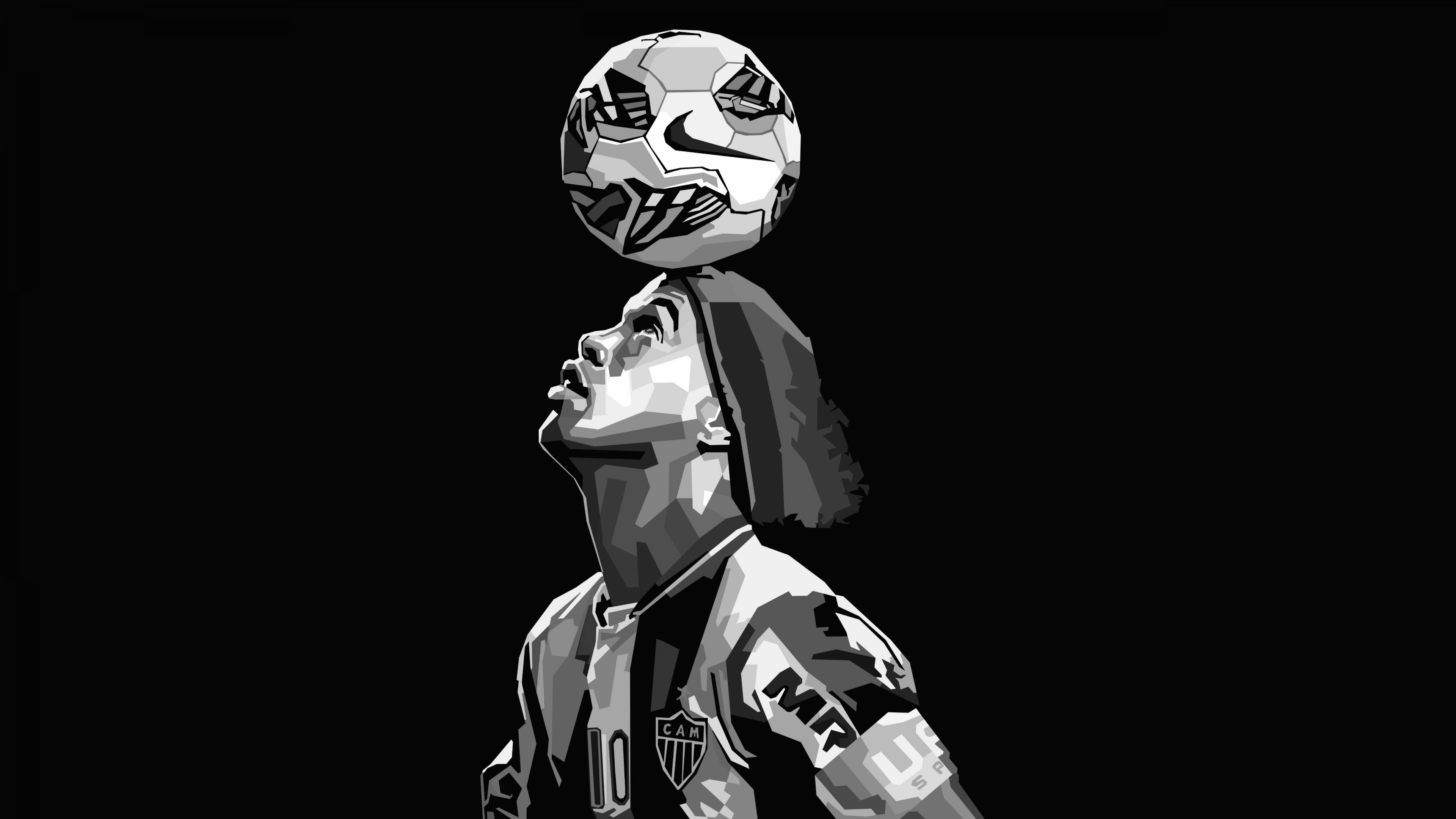 Minimalist high-contrast portrait of Brazilian football star Ronaldinho on a deep black background.