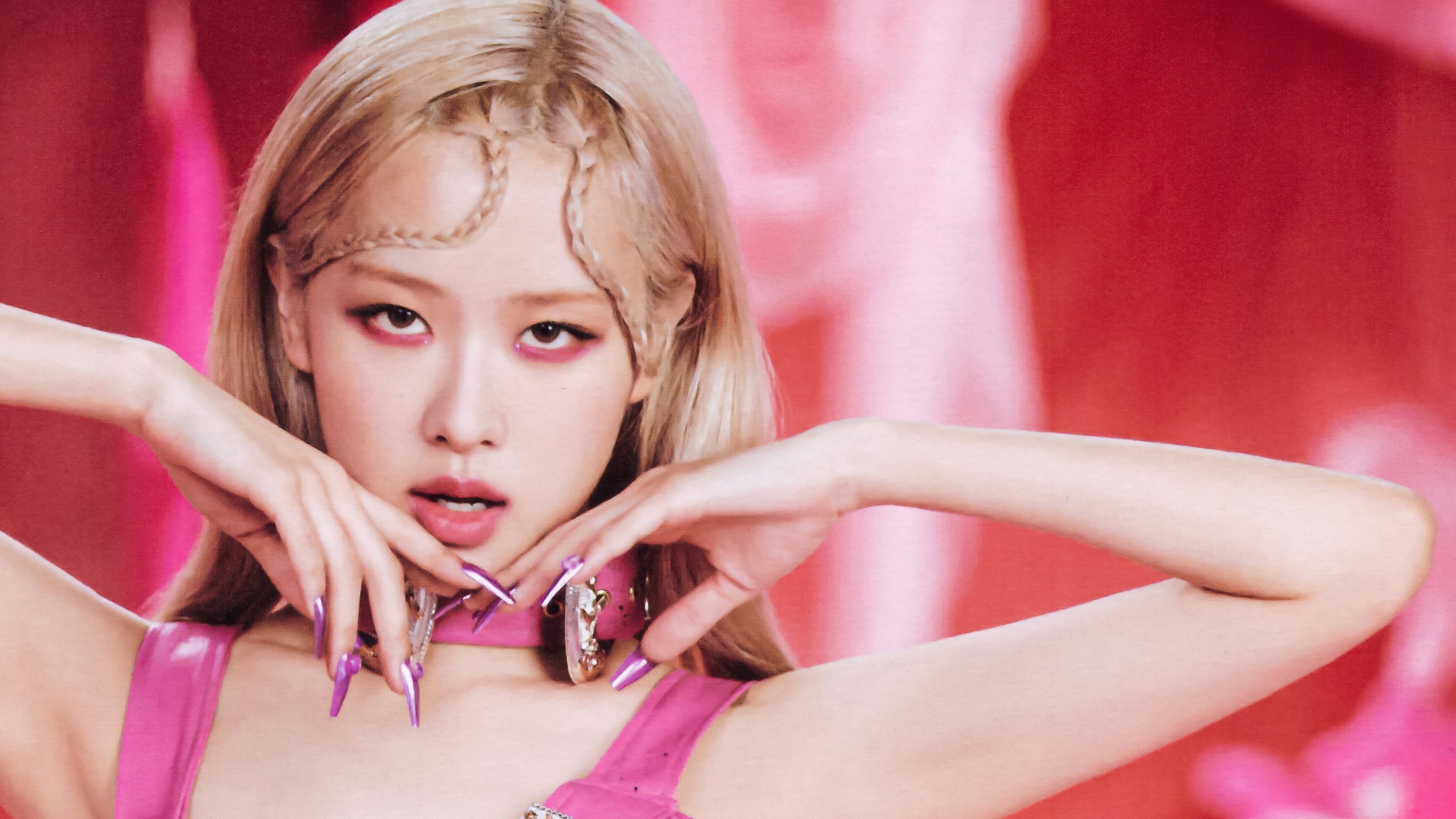 A high-quality, 5K portrait of Rosé from BLACKPINK featuring a soft and vibrant pink aesthetic inspired by the Born Pink era.