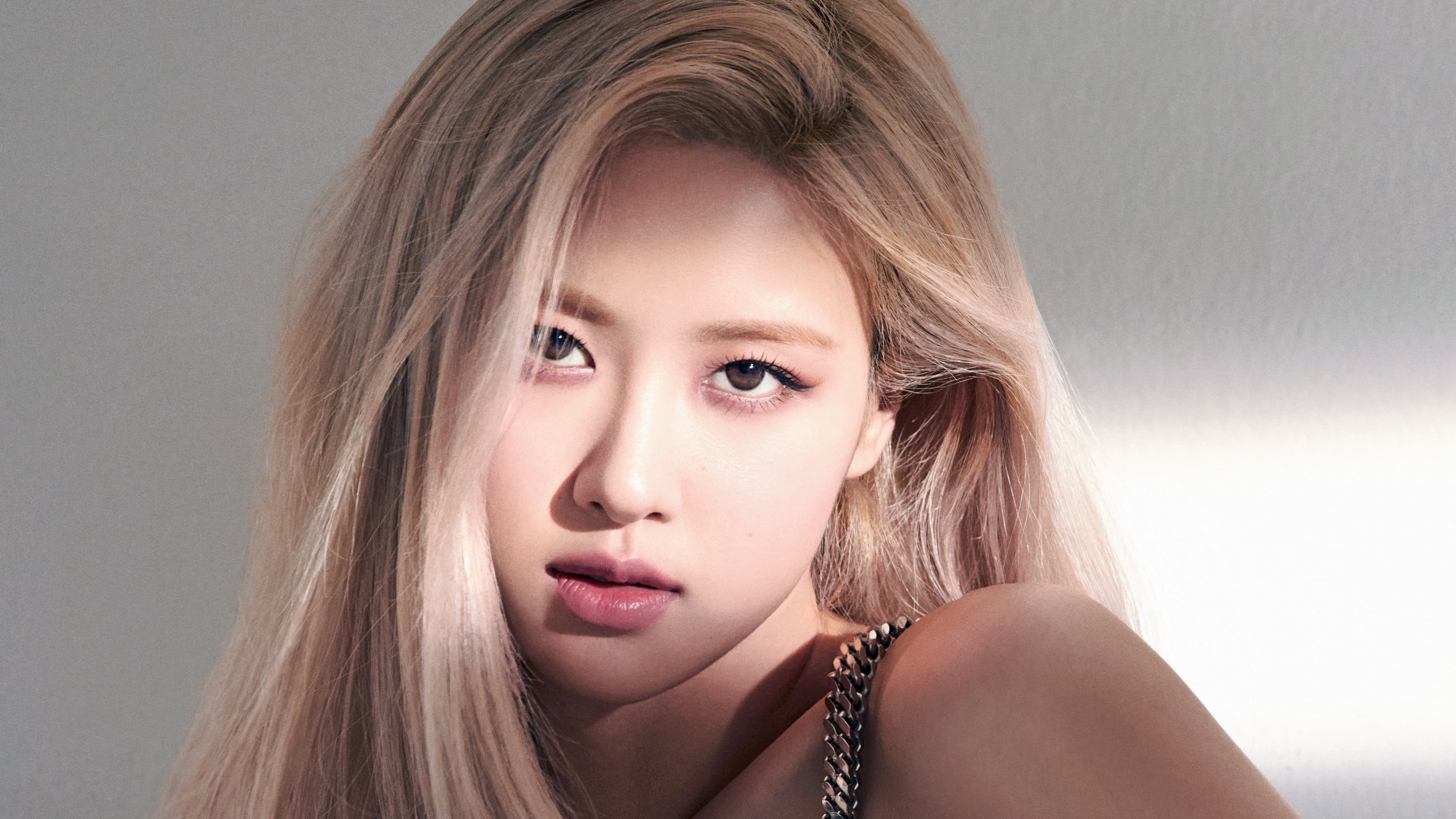 A high-detail, close-up fashion portrait of Rosé from Blackpink.