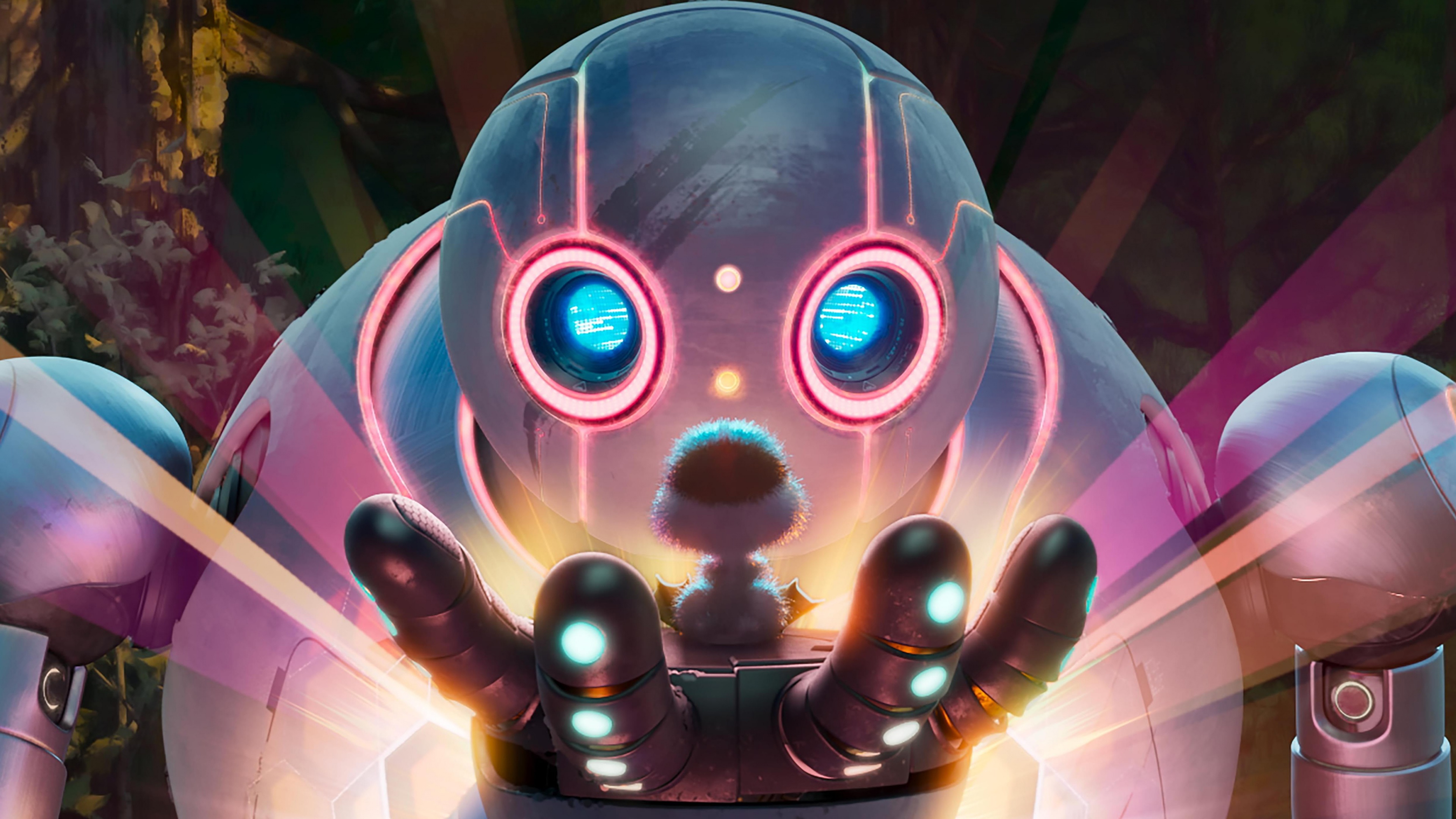 Roz the robot from the 2024 movie The Wild Robot standing in a lush, animated forest environment.