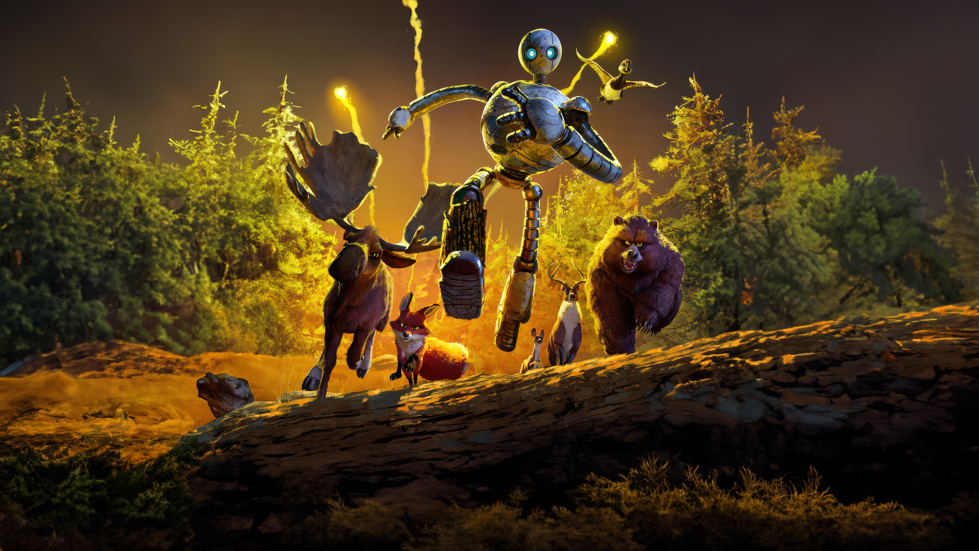 A cinematic landscape banner featuring Roz the robot from the animated movie The Wild Robot.