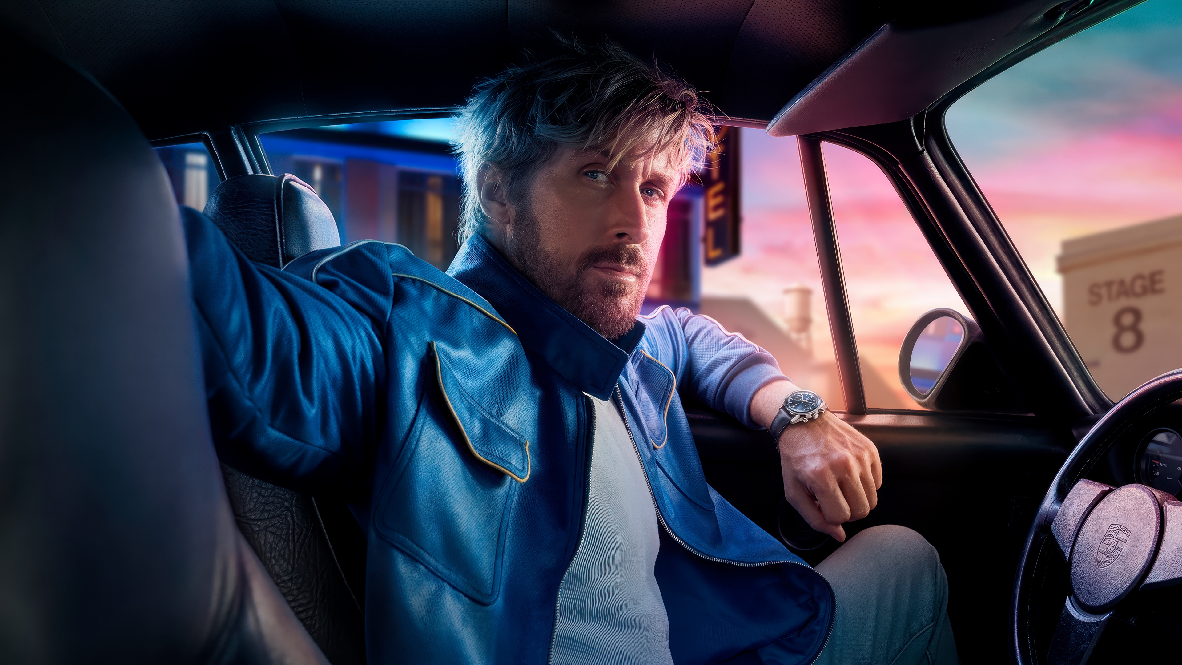 A cinematic shot of Ryan Gosling in a leather jacket next to a vintage car in a retro style.