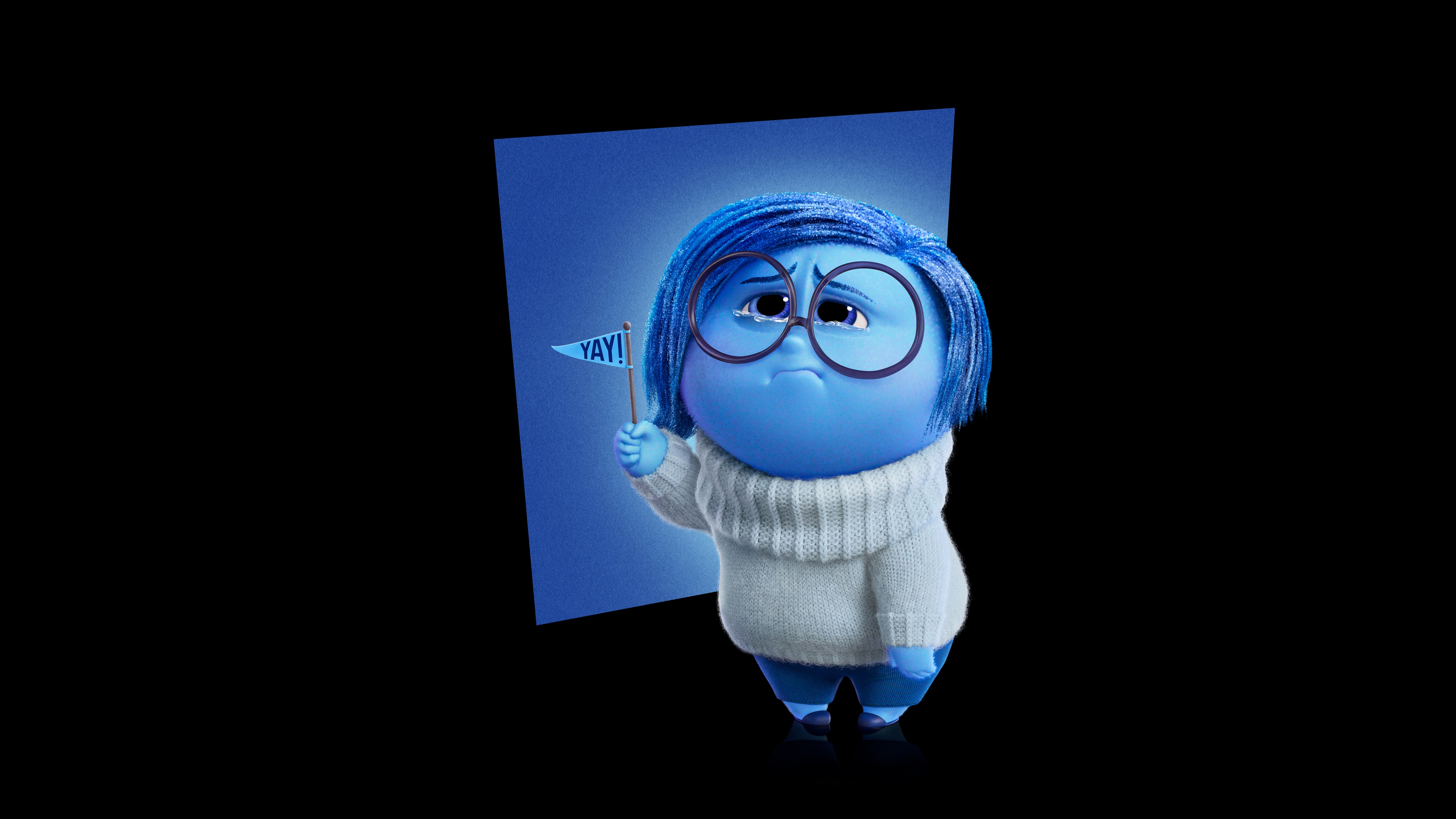 A high-resolution, detailed close-up of the character Sadness from Inside Out 2 against a black background.