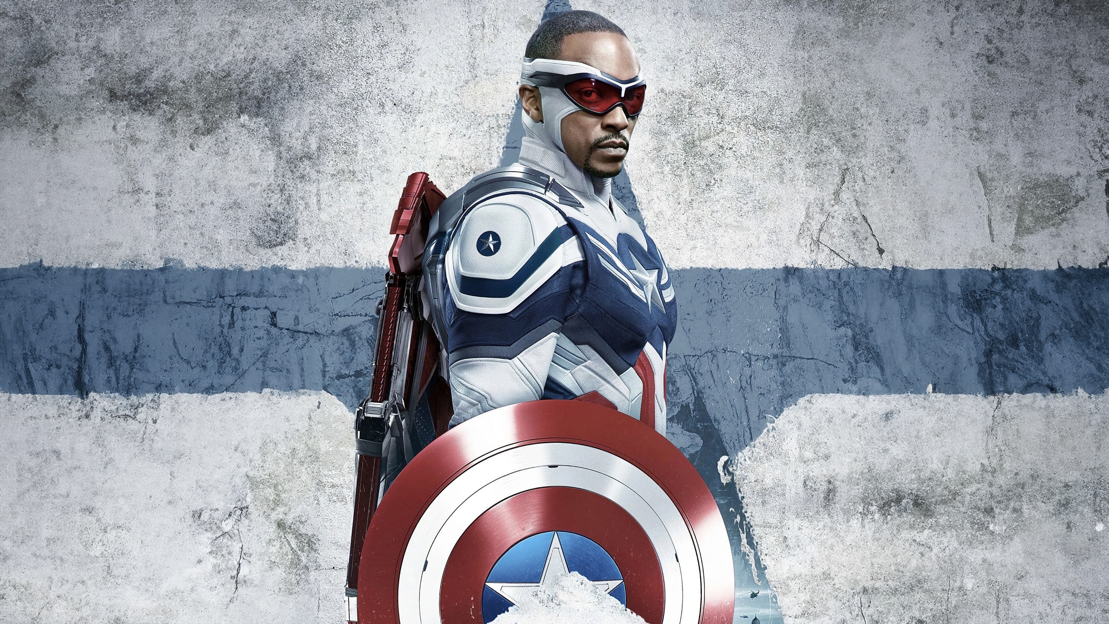A high-resolution cinematic portrait of Sam Wilson as Captain America from the movie Captain America: Brave New World.