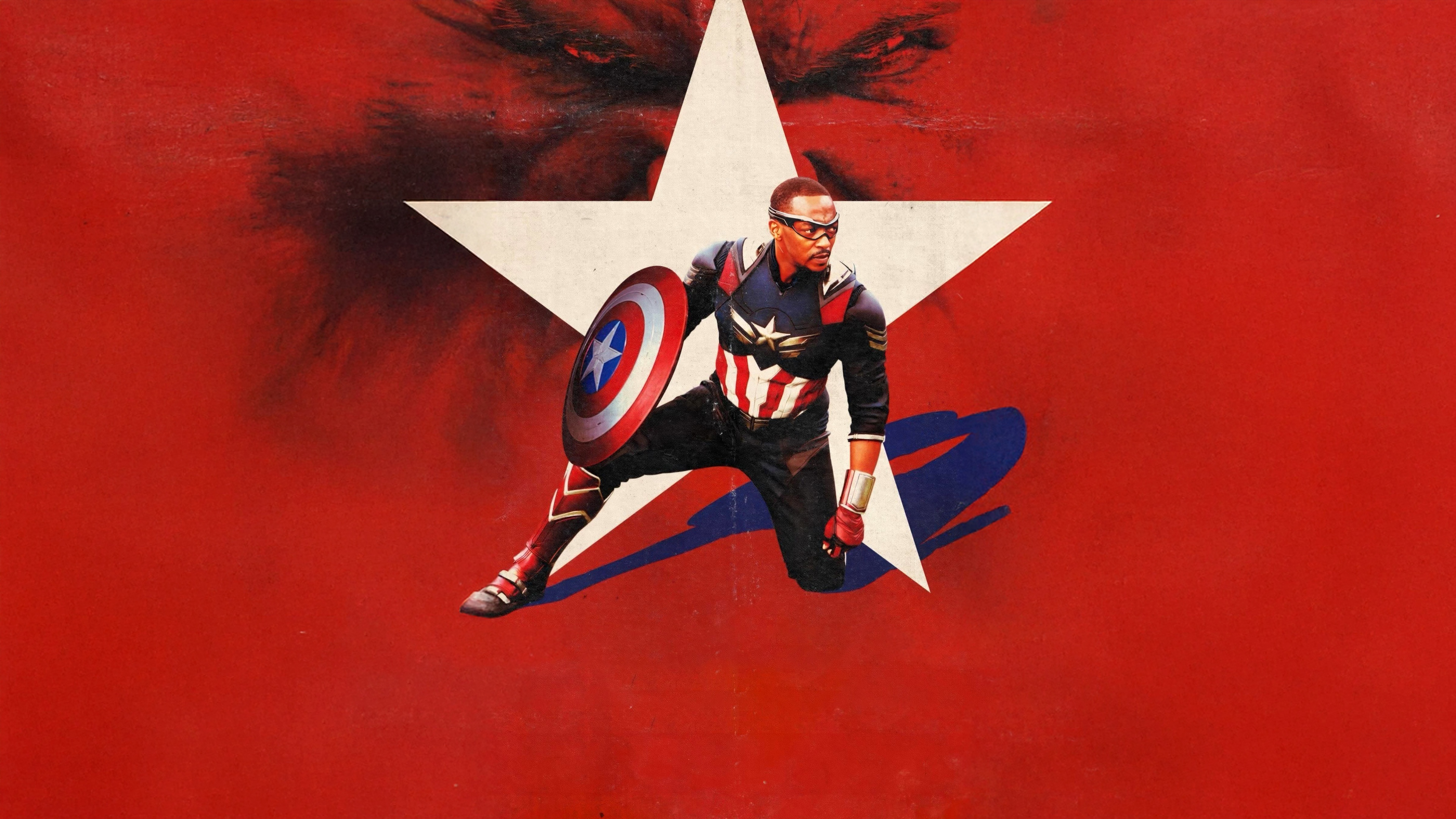 Cinematic portrait of Sam Wilson, played by Anthony Mackie, as Captain America against a bold red background, inspired by Captain America: Brave New World.