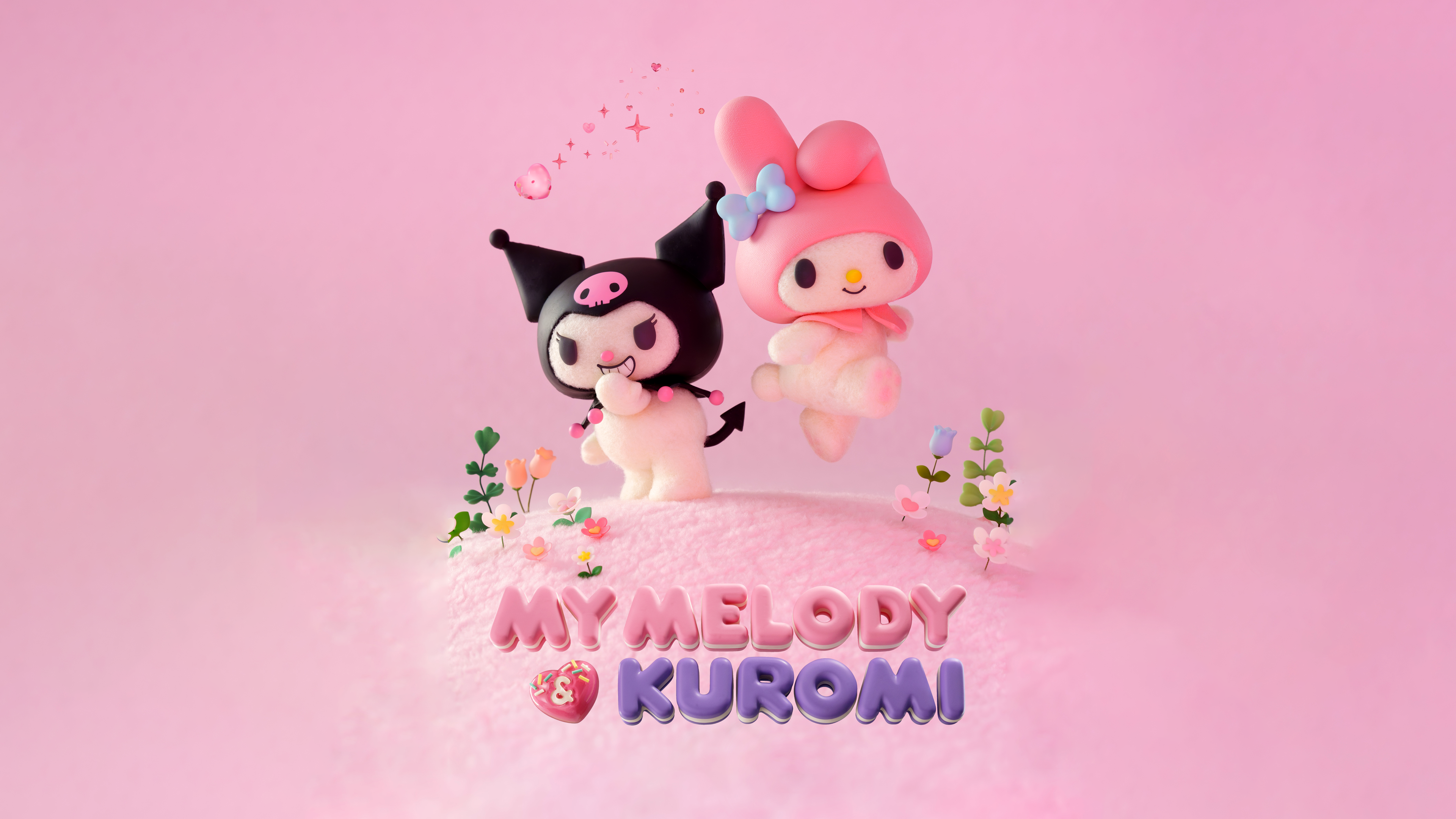 Kuromi and My Melody from Sanrio presented in a pink aesthetic with a baby pink background.