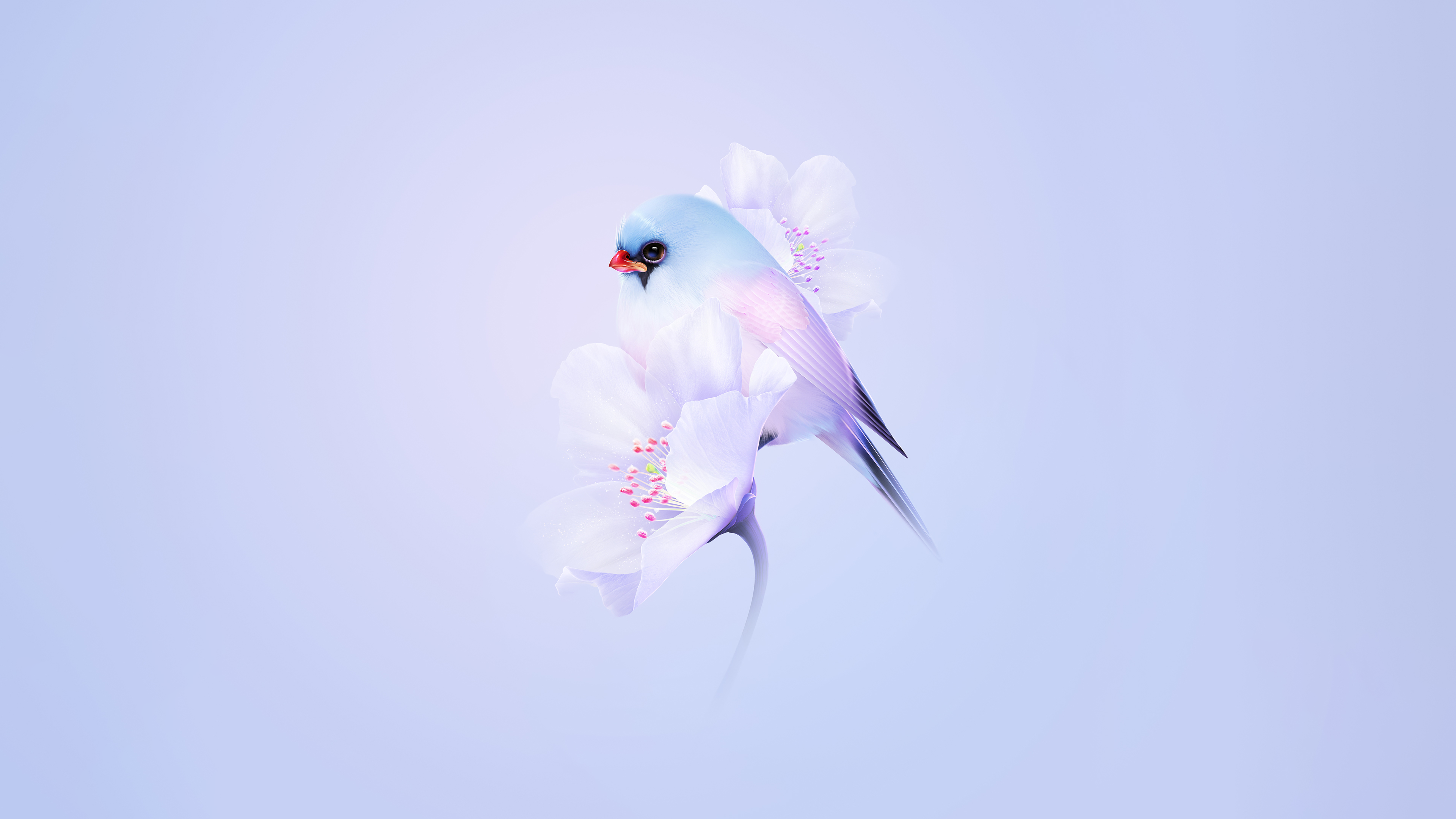 A cute small bird surrounded by pink cherry blossoms against a soft blue pastel gradient background.